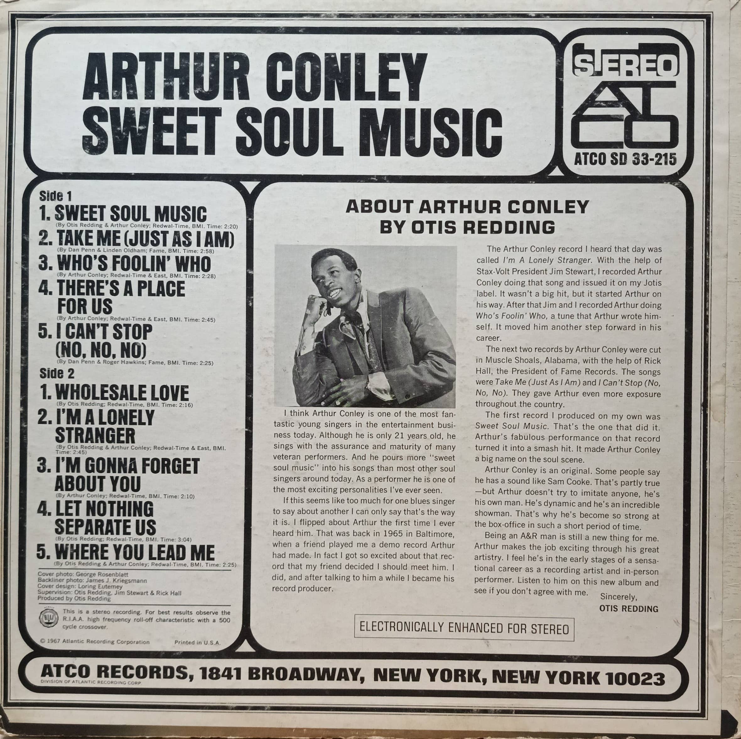 Arthur Conley — Sweet Soul Music — виниловая пластинка LP — ATCO Records, 1967 — стерео, SD 33‑215 — изображение 2