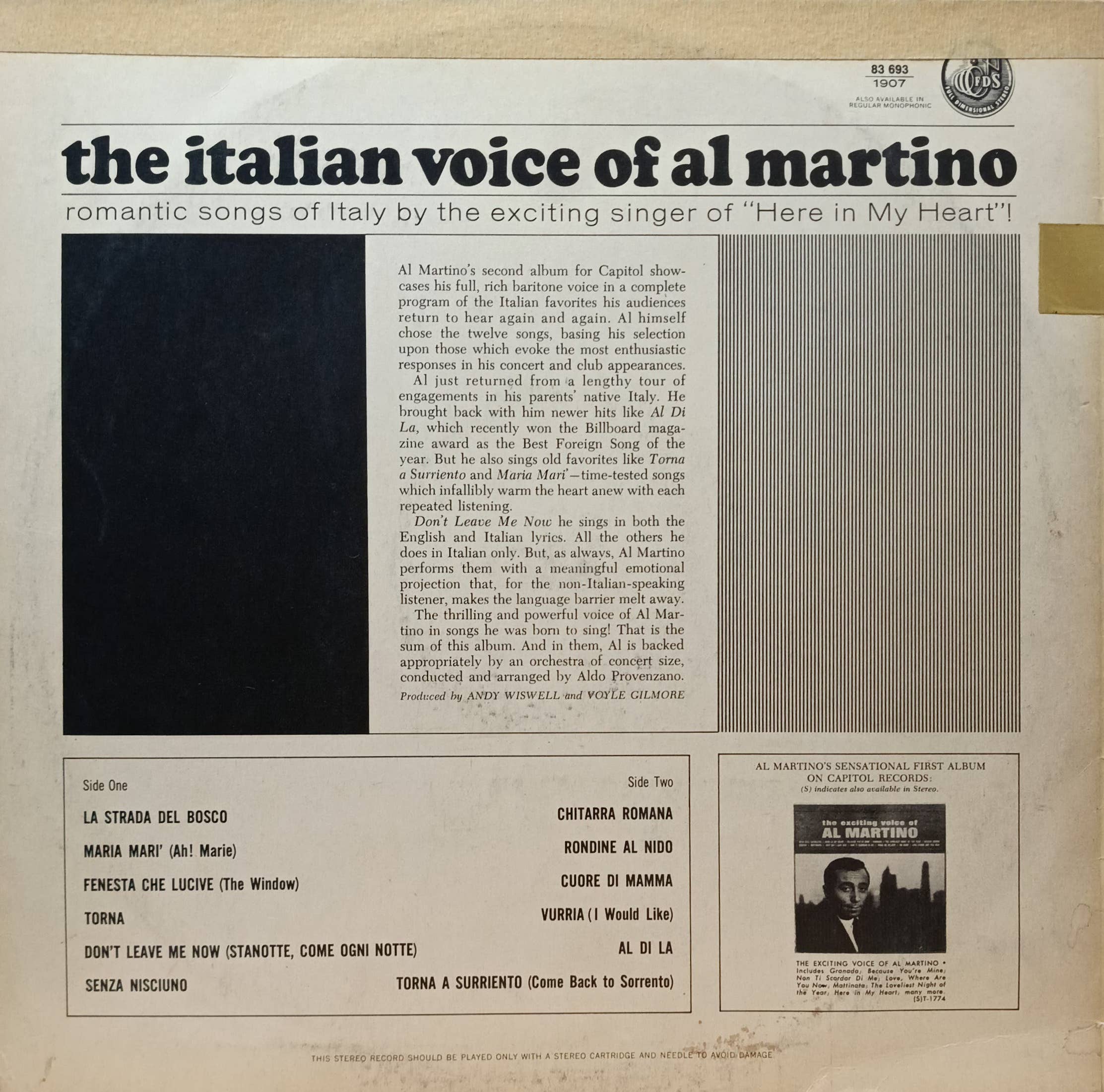 Al Martino — The Italian Voice of Al Martino — виниловая пластинка LP — Capitol Records, 1963 — изображение 2