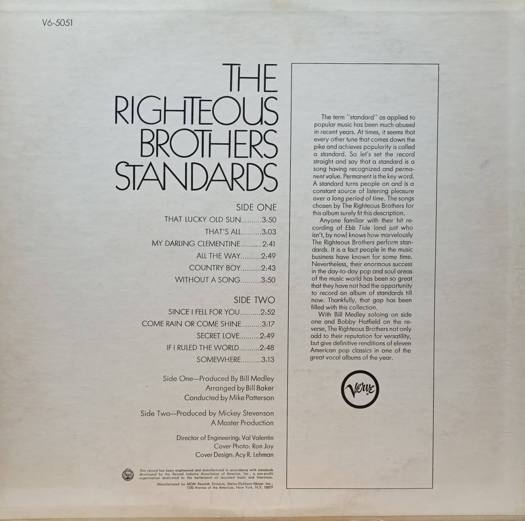 The Righteous Brothers — Standards — виниловая пластинка LP — Verve Records, 1968 — изображение 2