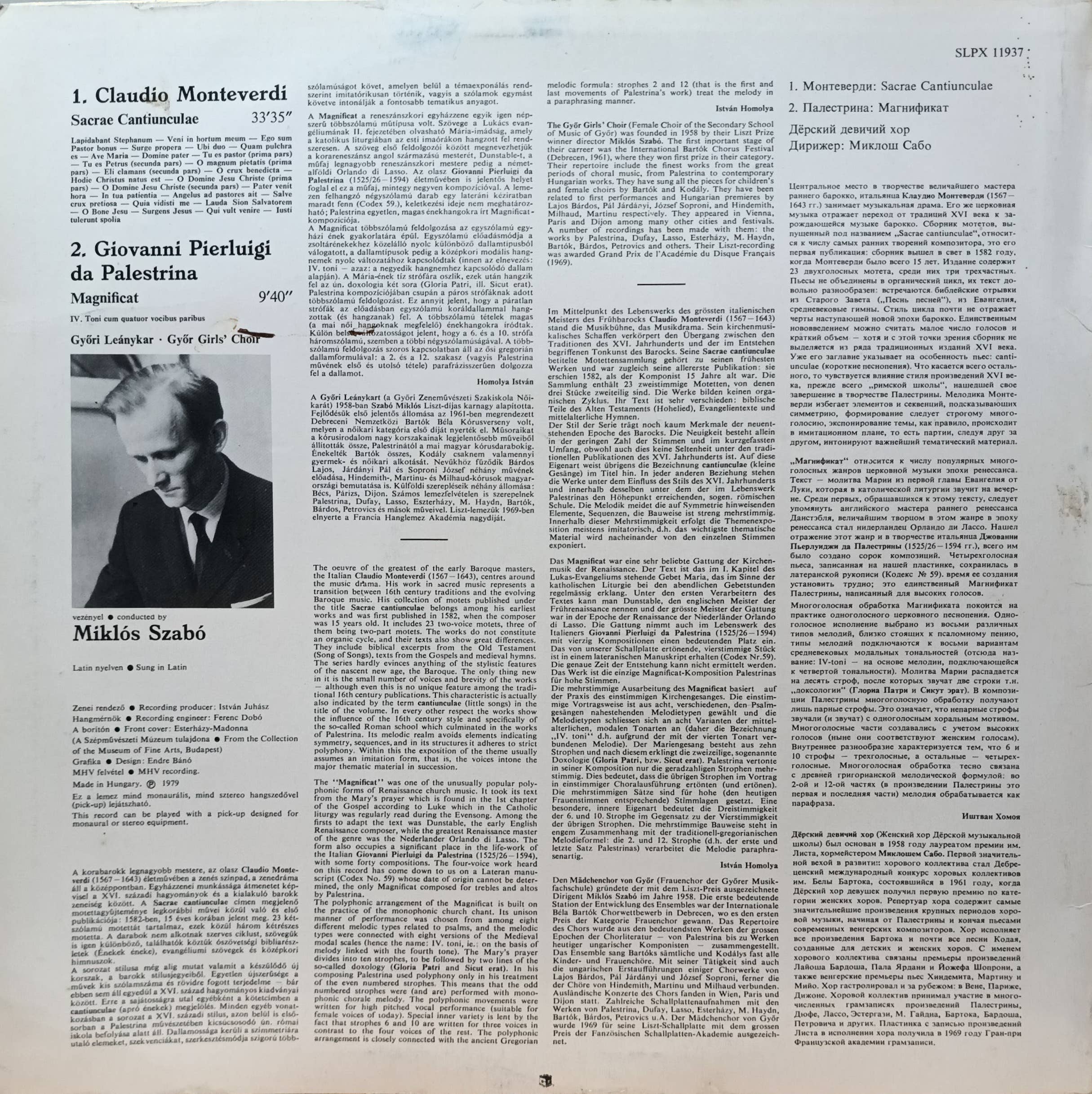 Monteverdi — Sacrae Cantiunculae; Palestrina — Magnificat — Győr Girls’ Choir, Miklós Szabó — LP Hungaroton SLPX 11937, 1979 — изображение 2