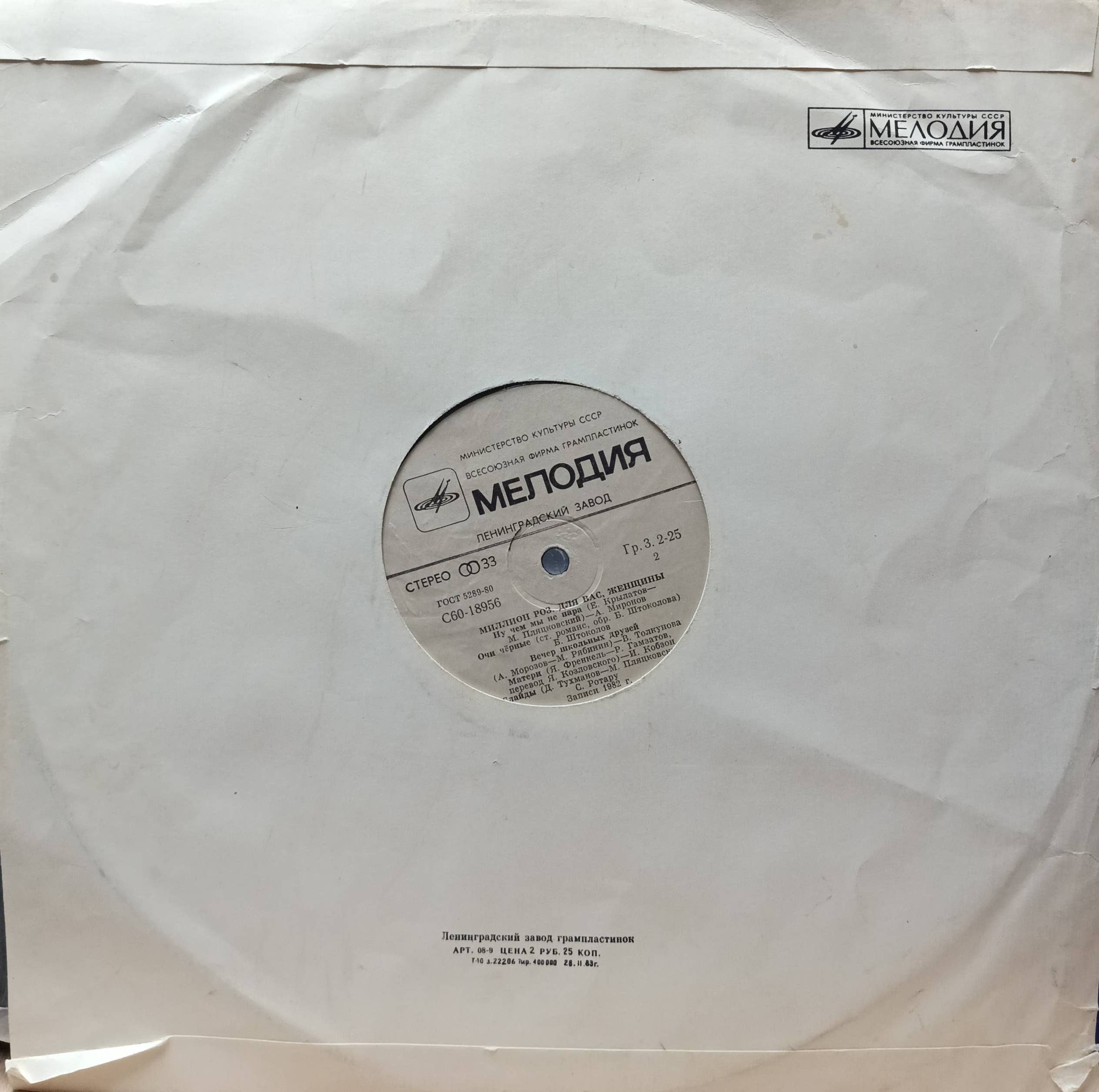 Миллион роз — Для вас, женщины! — виниловая пластинка LP, СССР, 1983 — изображение 2