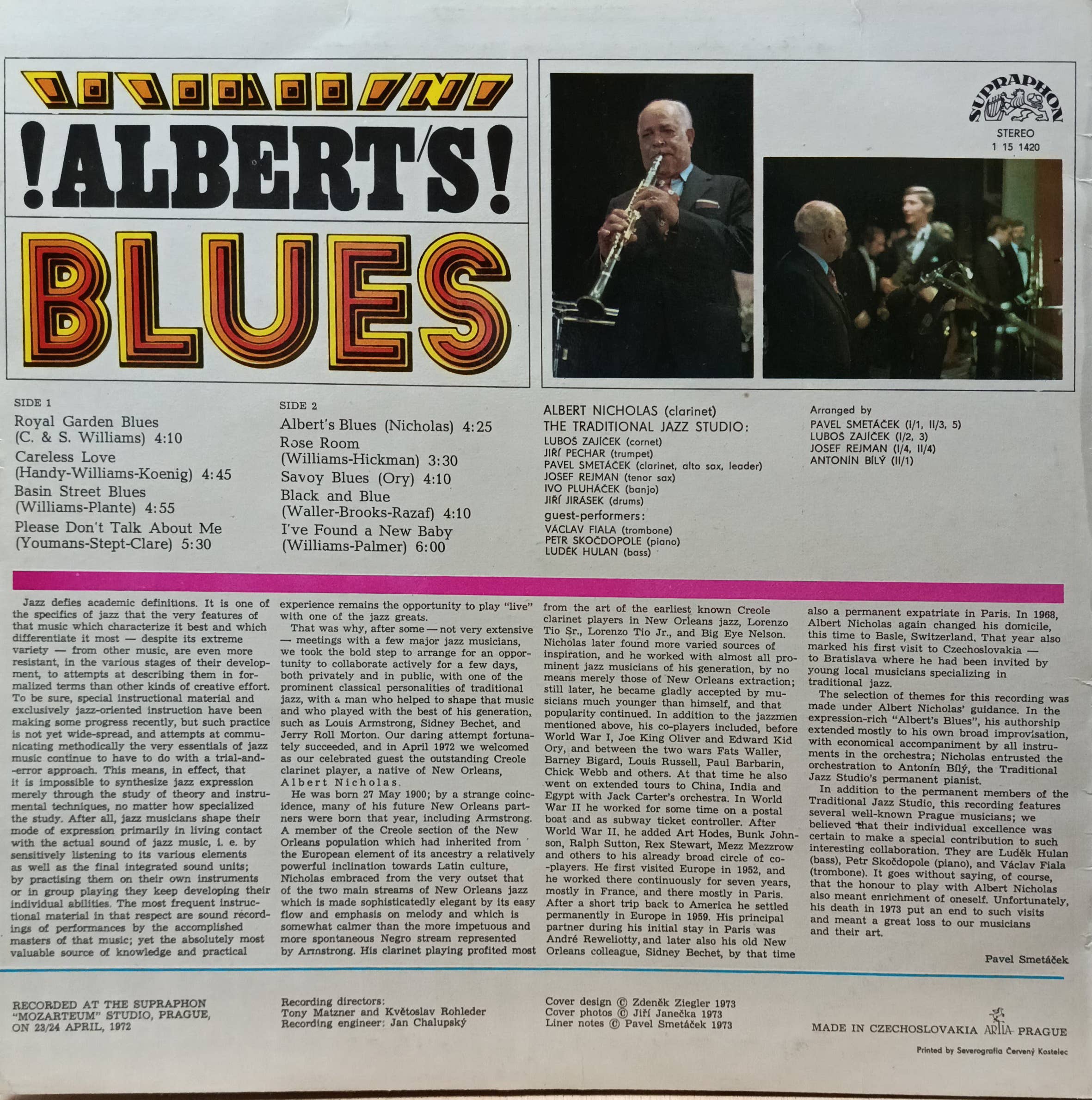 Albert Nicholas (кларнет) и The Traditional Jazz Studio — Albert’s Blues — виниловая пластинка LP — Чехословакия, 1974 — изображение 2
