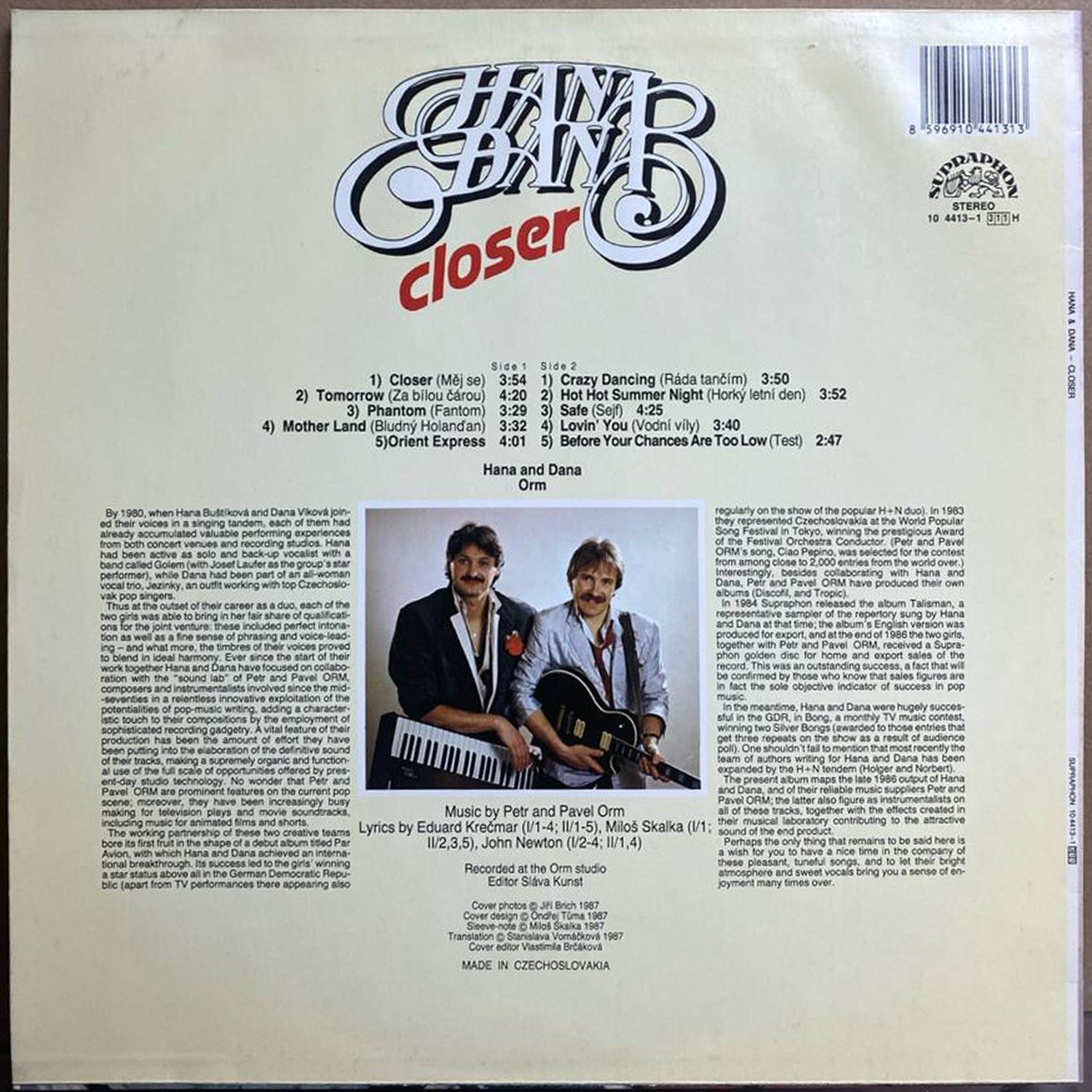 Hana and Dana — «Closer» — виниловая пластинка LP — Чехословакия, 1987 «Supraphon» — оборот