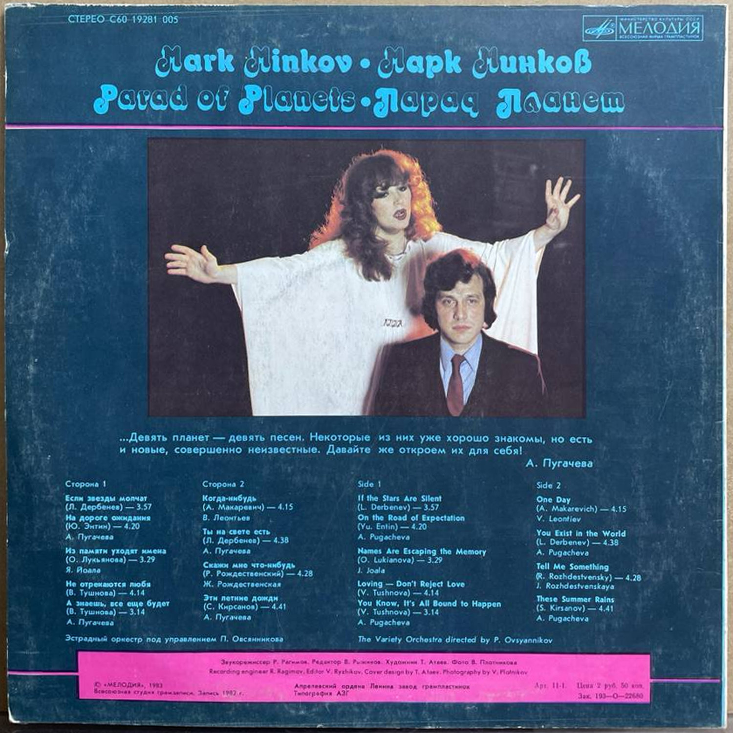Марк Минков — «Парад Планет» / «Parad of Planets» — виниловая пластинка LP — СССР, 1983 «Мелодия» — оборот
