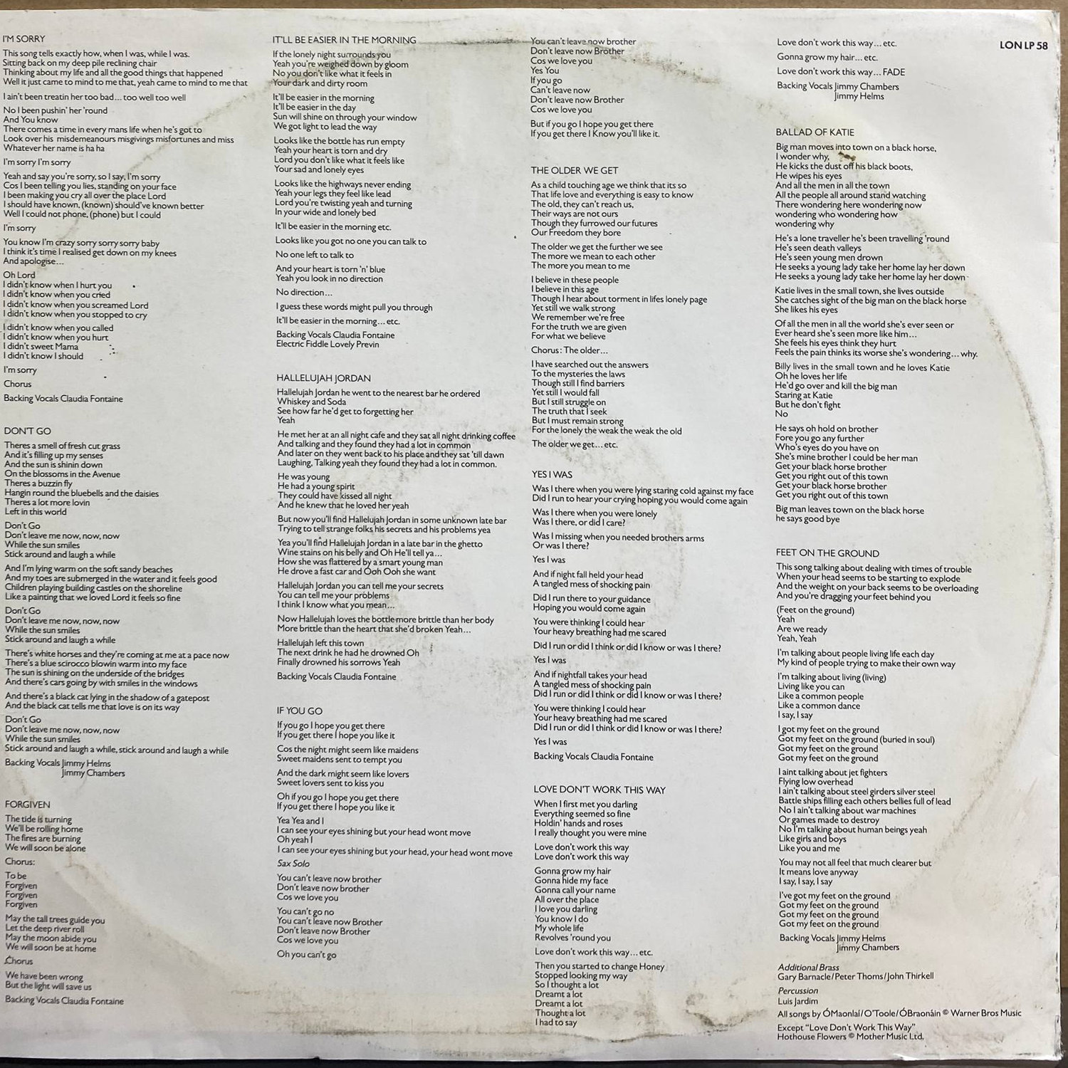 Hothouse Flowers — «People» — виниловая пластинка LP — Великобритания «London Records» — оборот