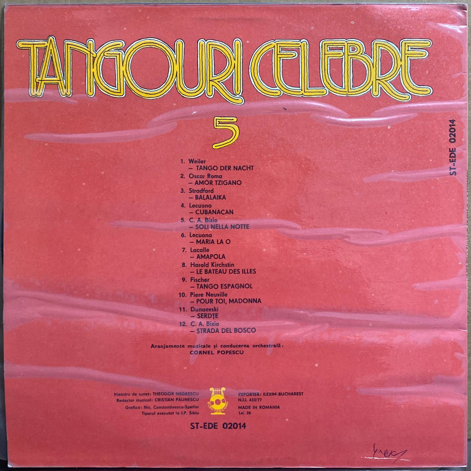 Сборник — «Tangouri Celebre 5» — виниловая пластинка LP — Румыния, 1977 «Electrecord» — оборот