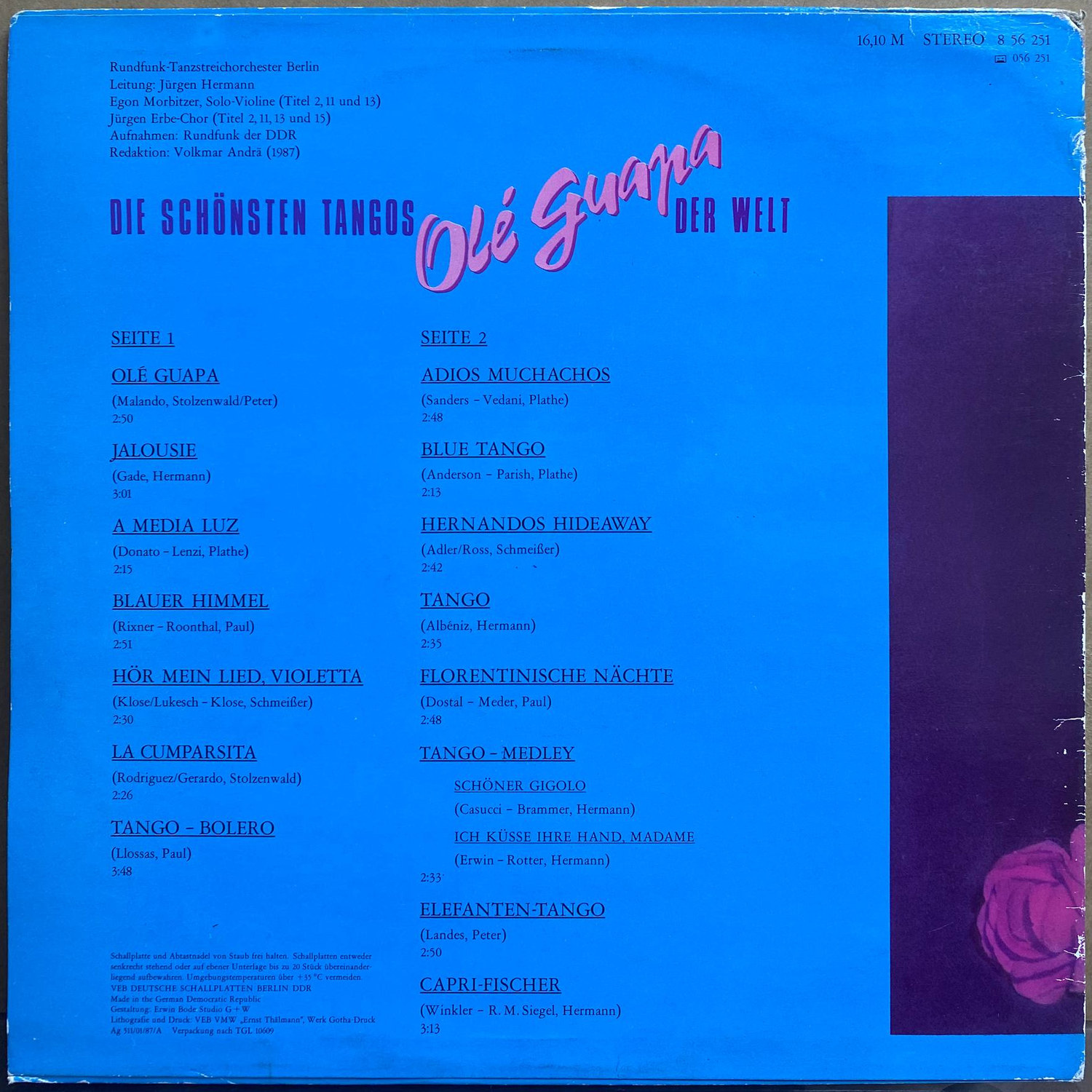 Rundfunk-Tanzstreichorchester Berlin — «Olé Guapa — Die schönsten Tangos der Welt» — LP — ГДР, 1988 «AMIGA» — оборот