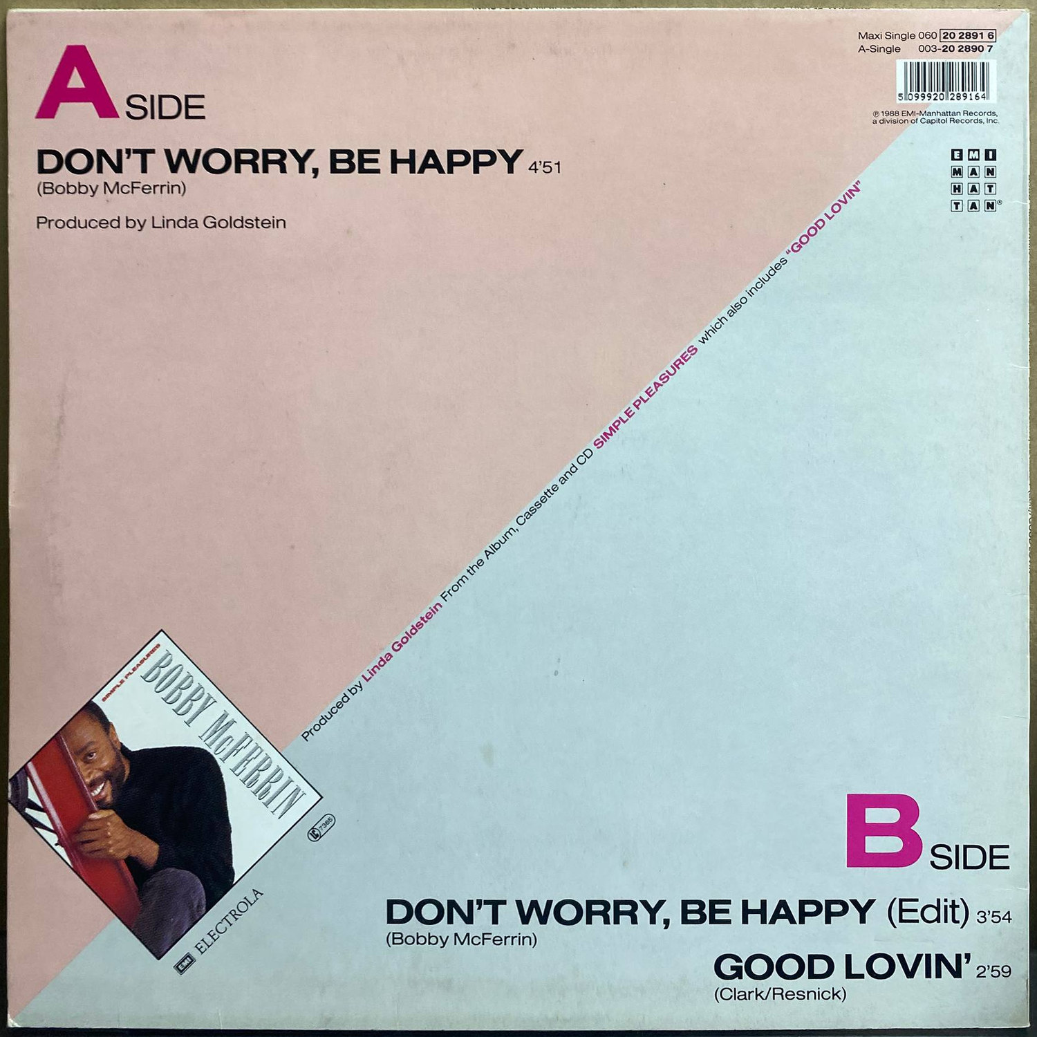 Bobby McFerrin — «Don't Worry, Be Happy» — виниловая пластинка, макси-сингл 12" — ФРГ, 1988 «EMI Manhattan» — оборот