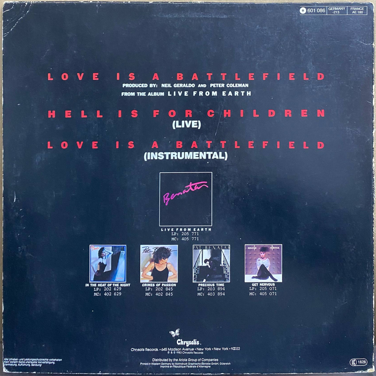 Pat Benatar — «Love Is A Battlefield» — виниловый макси-сингл — ФРГ, 1983 «Chrysalis» — оборот