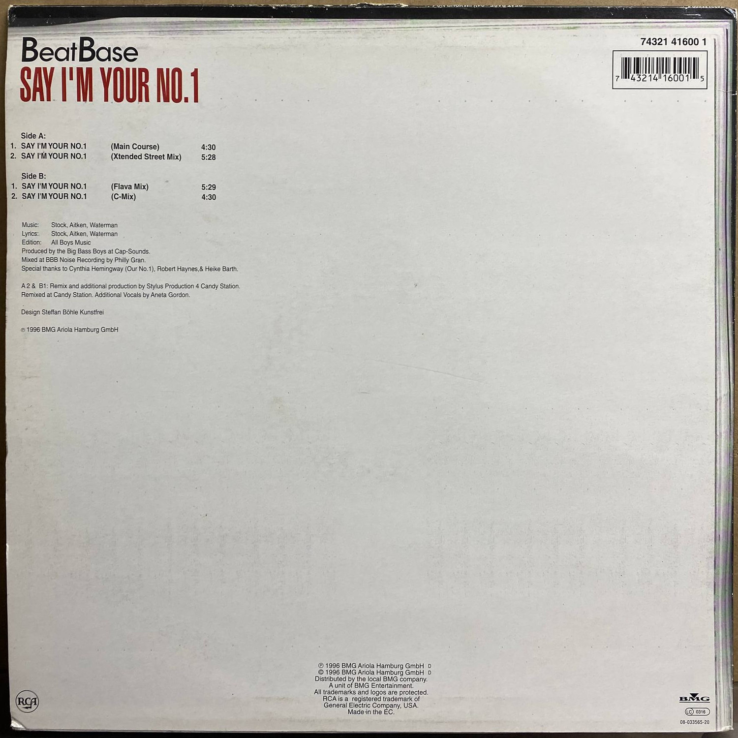 Beat Base — «Say I'm Your No. 1» — виниловый 12″ макси-сингл — Германия, 1996 «RCA» — оборот