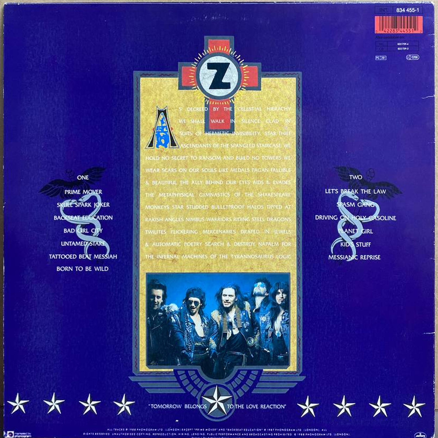 Zodiac Mindwarp And The Love Reaction — «Tattooed Beat Messiah» — виниловая пластинка LP — Великобритания, 1988 «Phonogram» — оборот