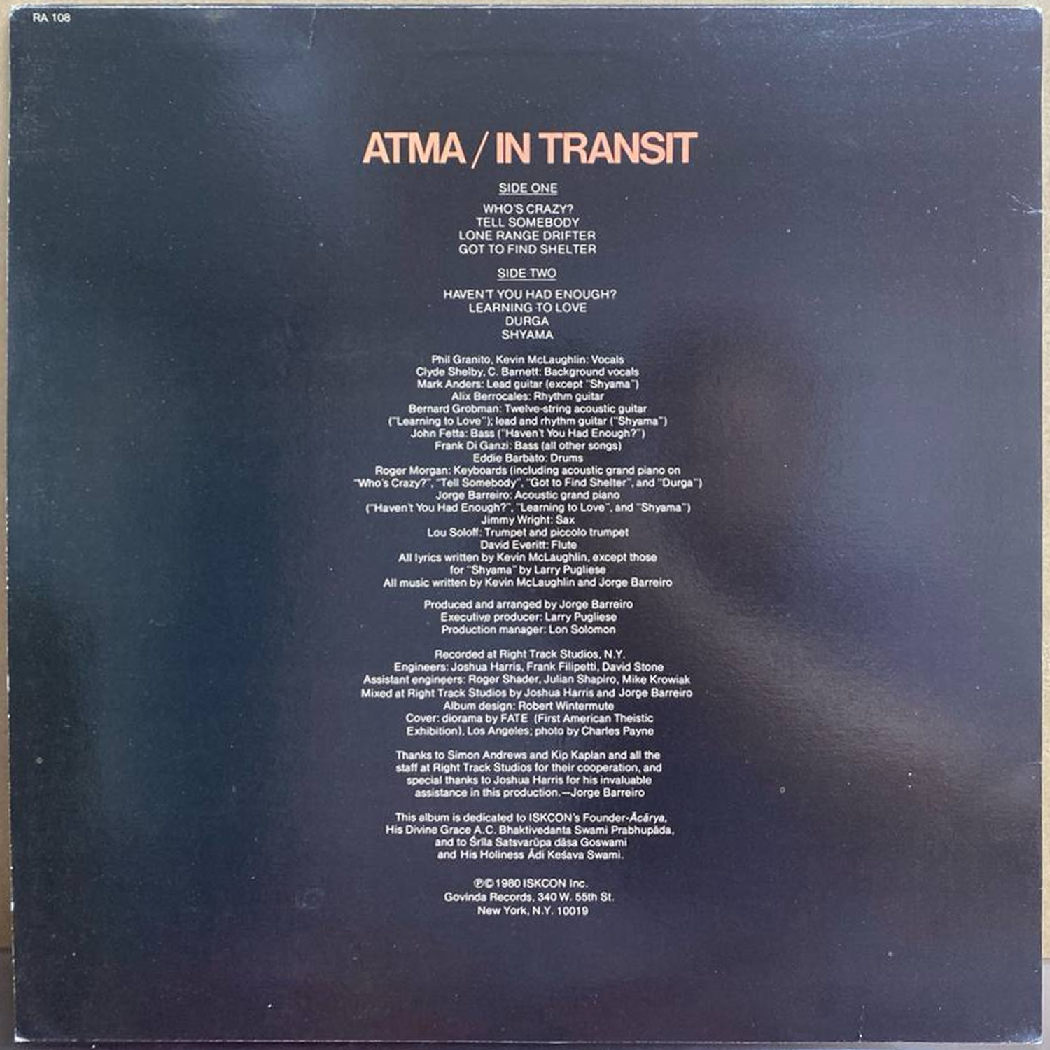 ATMA — «In Transit» — виниловая пластинка LP — США, 1980 «Govinda Records» — оборот