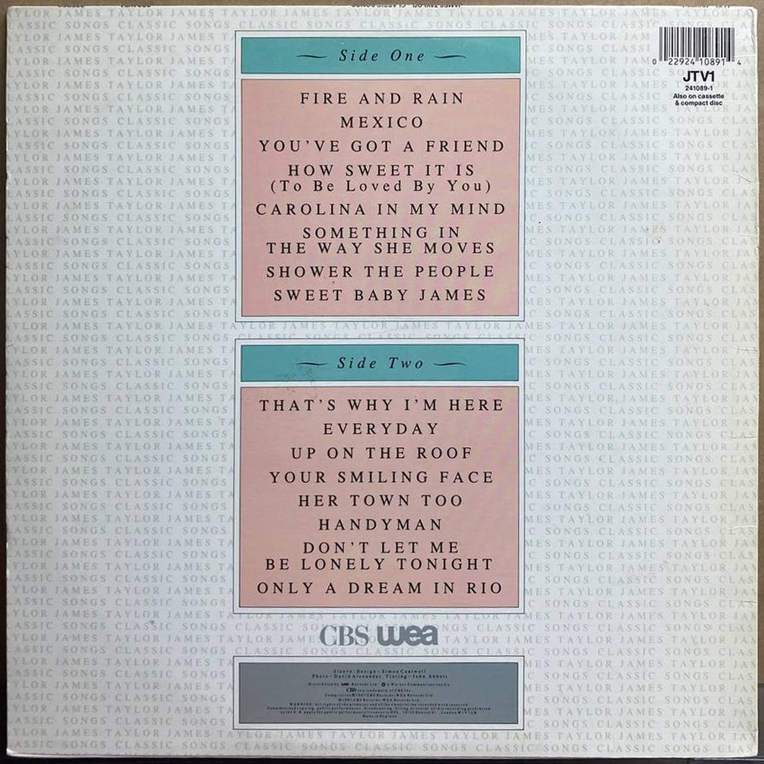 James Taylor — «Classic Songs» — виниловая пластинка LP — Великобритания, 1987 «CBS / WEA» — оборот