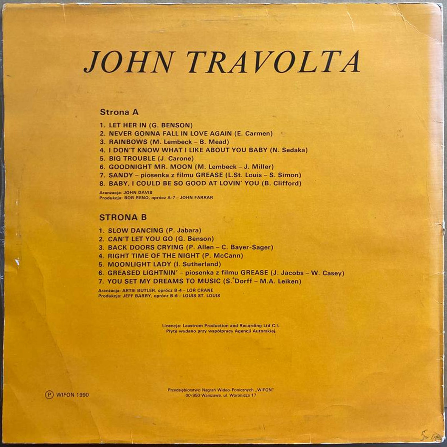 John Travolta — «Złote Przeboje» — виниловая пластинка LP — Польша, 1990 «Wifon» — оборот