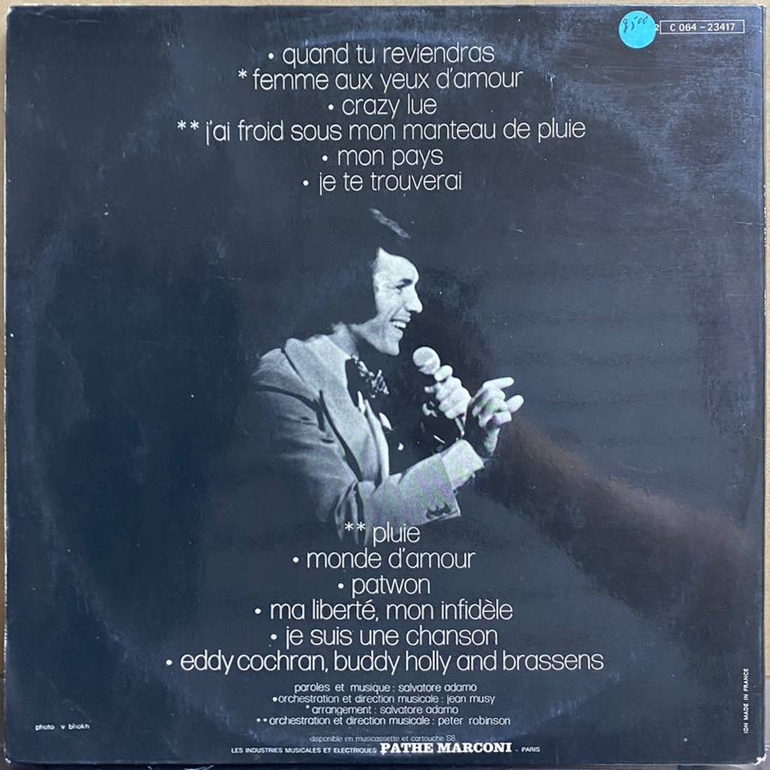 Adamo — «Adamo» — виниловая пластинка LP — Франция, 1972 «Pathé Marconi» — оборот