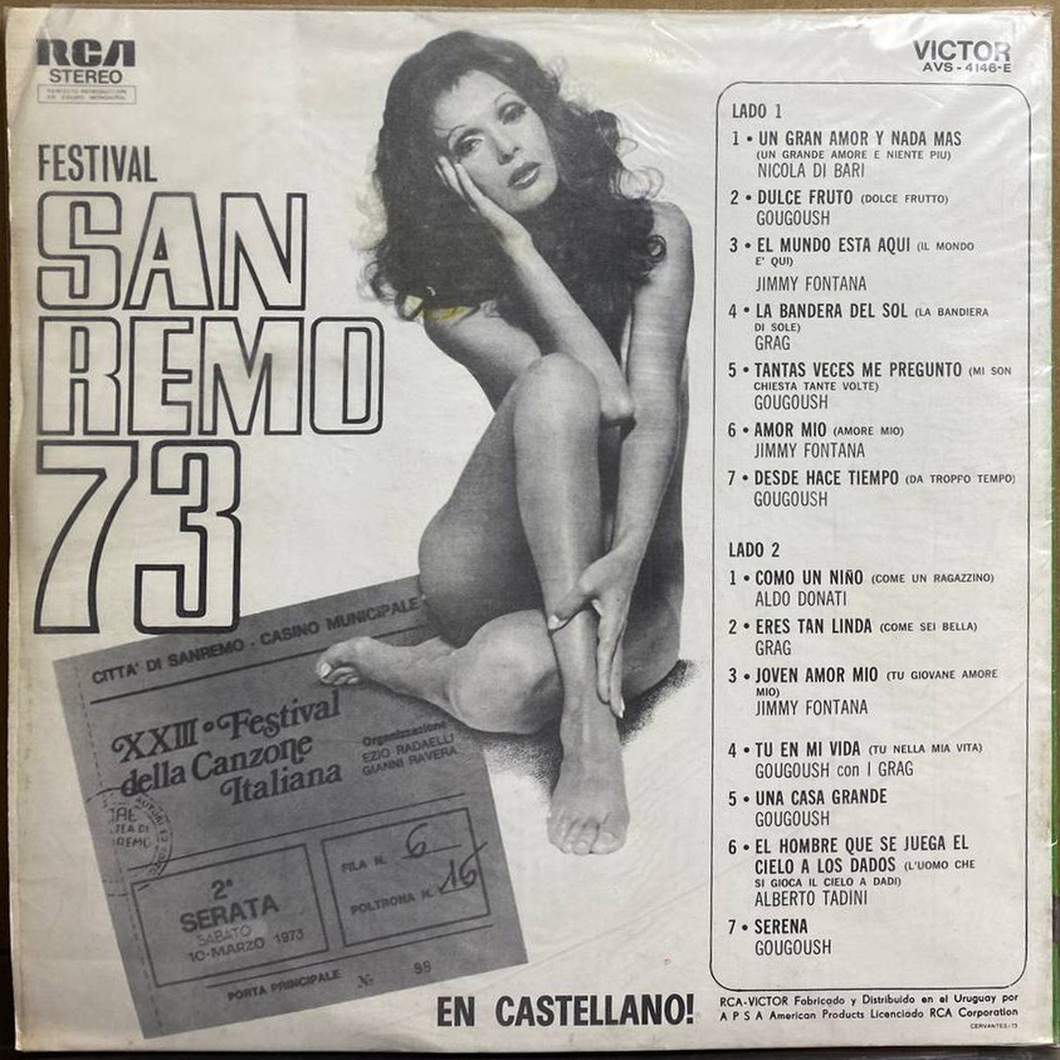 Разные исполнители — «Festival San Remo 73» — виниловая пластинка LP — Уругвай, 1973 «RCA Victor» — оборот