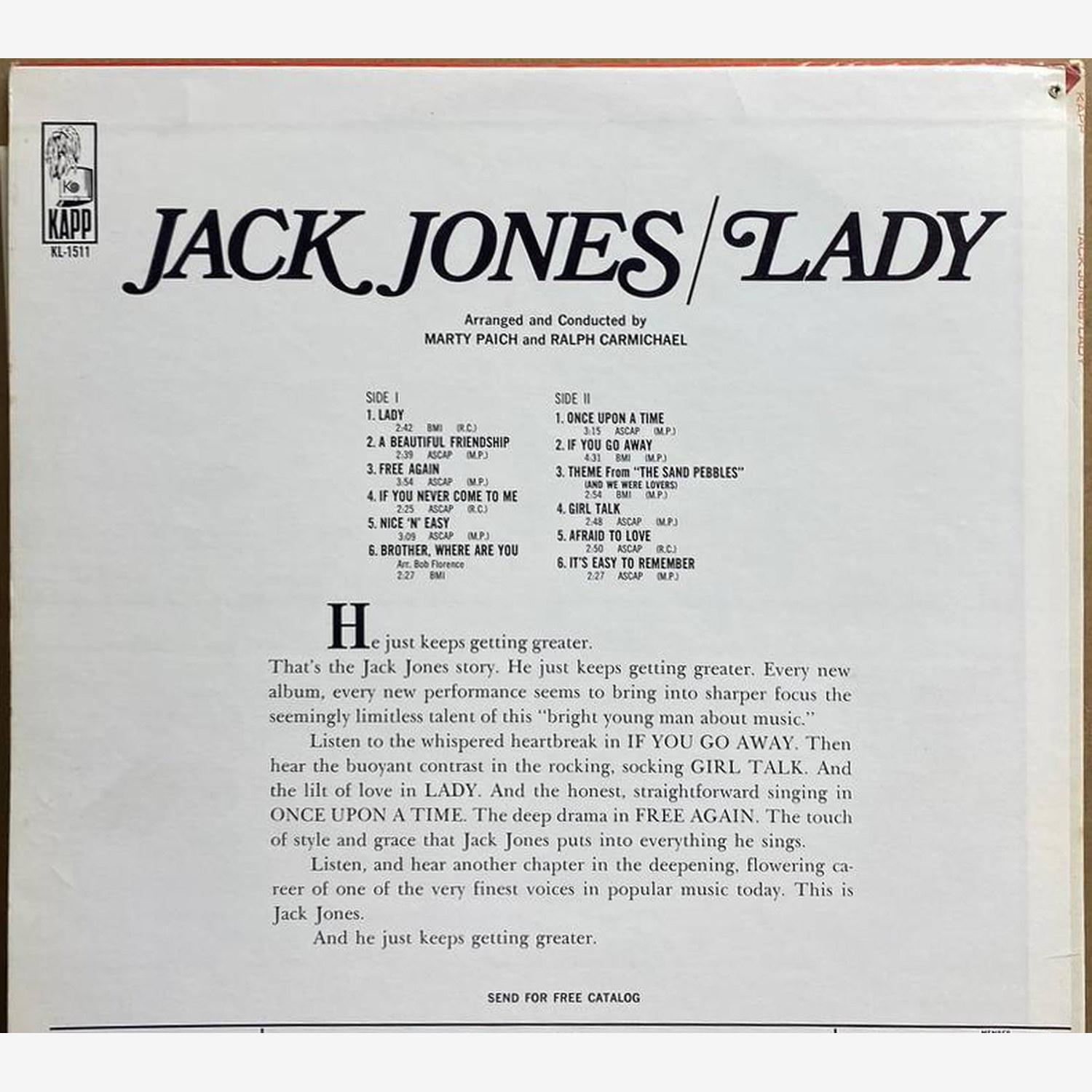 Jack Jones — «Lady» — виниловая пластинка LP — США, 1967 «Kapp Records» — оборот