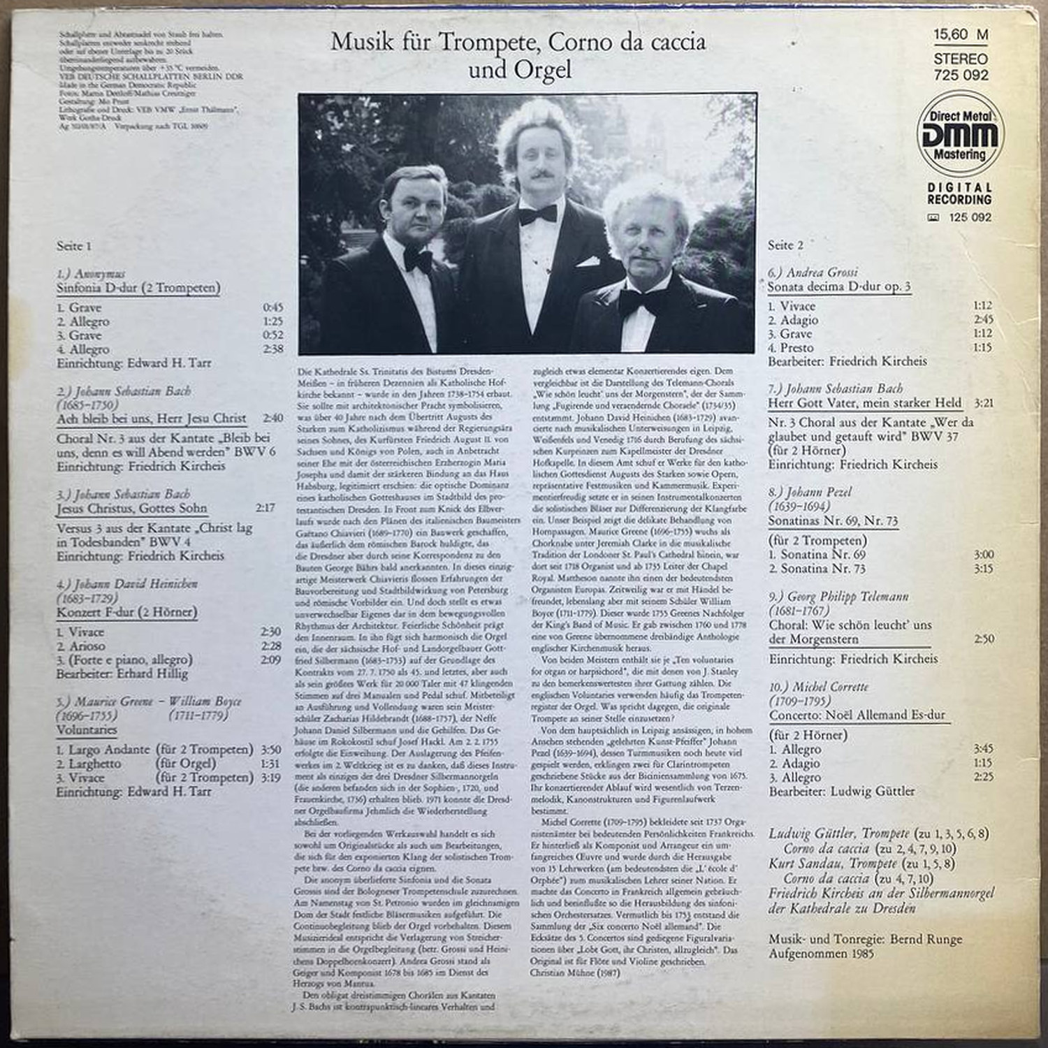 Ludwig Güttler — «Musik für Trompete, Corno da caccia und Orgel» — виниловая пластинка LP — ГДР, 1987 «ETERNA» — оборот