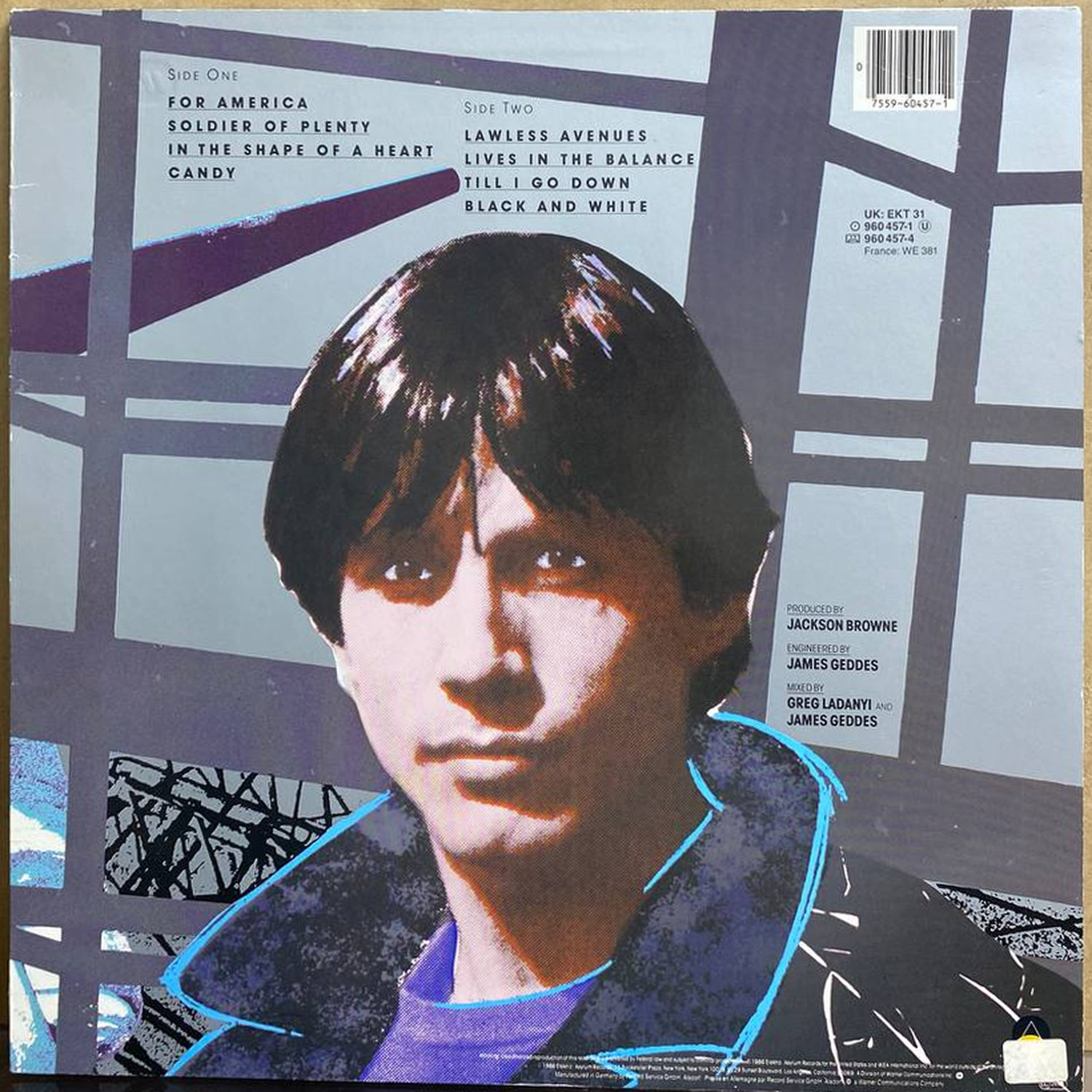 Jackson Browne — «Lives in the Balance» — виниловая пластинка LP — Германия, 1986 «Asylum Records» — оборот