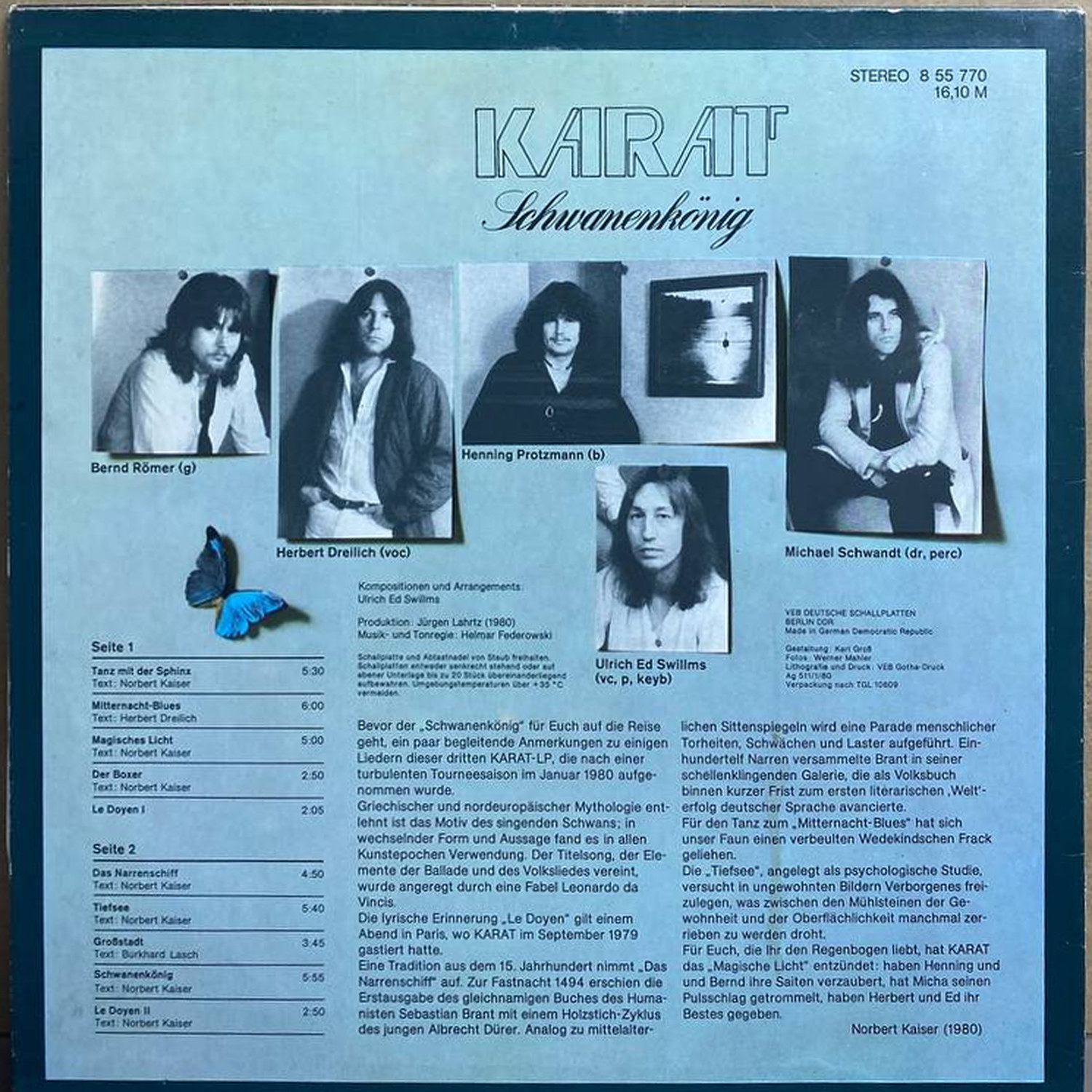 Karat — «Schwanenkönig» — виниловая пластинка LP — ГДР, 1980 «Amiga» — оборот