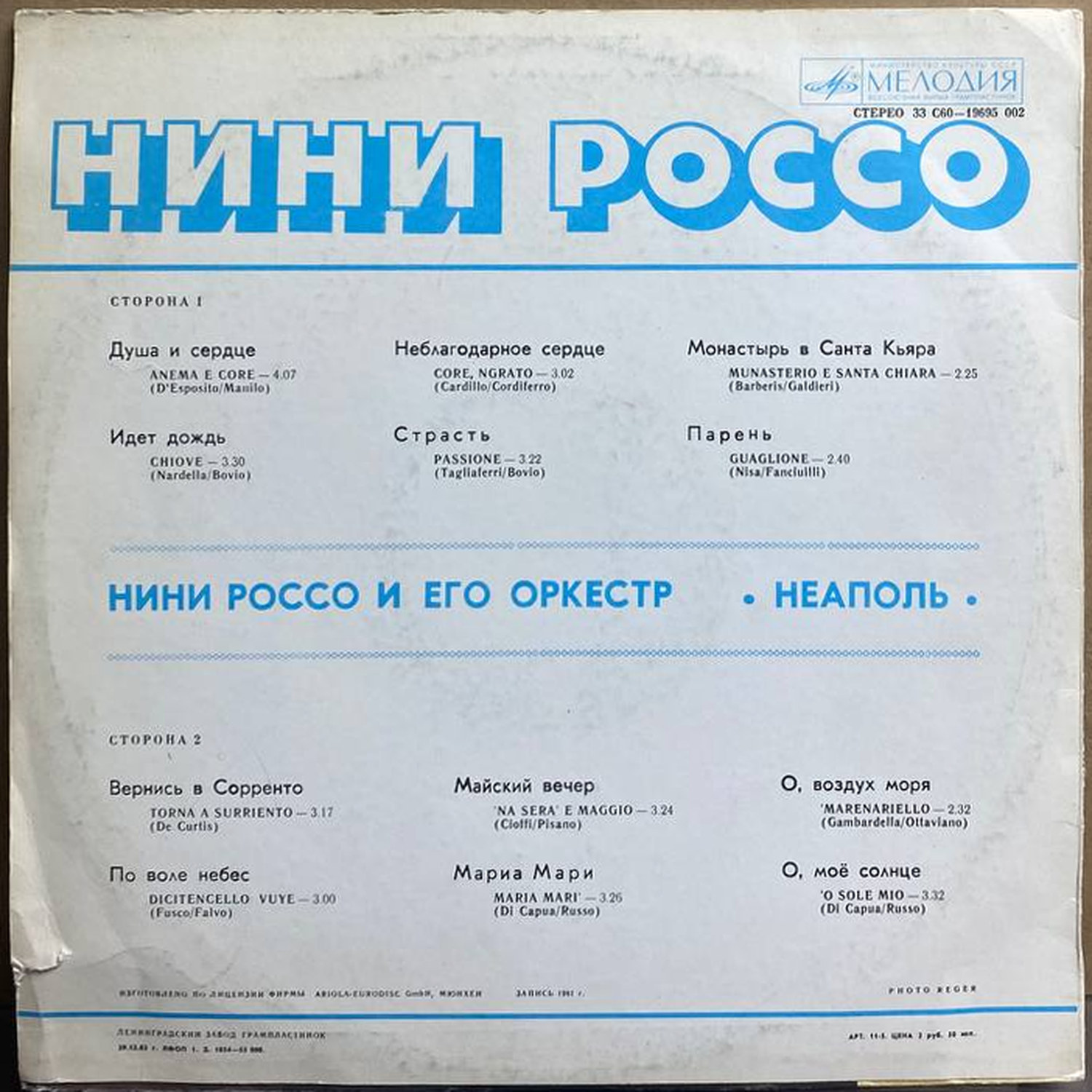 Нини Россо и его оркестр — «Неаполь» — виниловая пластинка LP — СССР, 1983 «Мелодия» — оборот