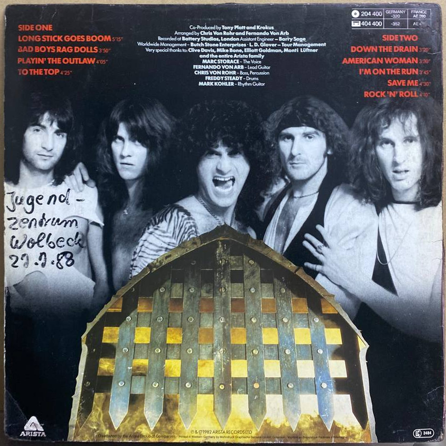 Krokus — One Vice At A Time, винил, 1982 — оборот конверта