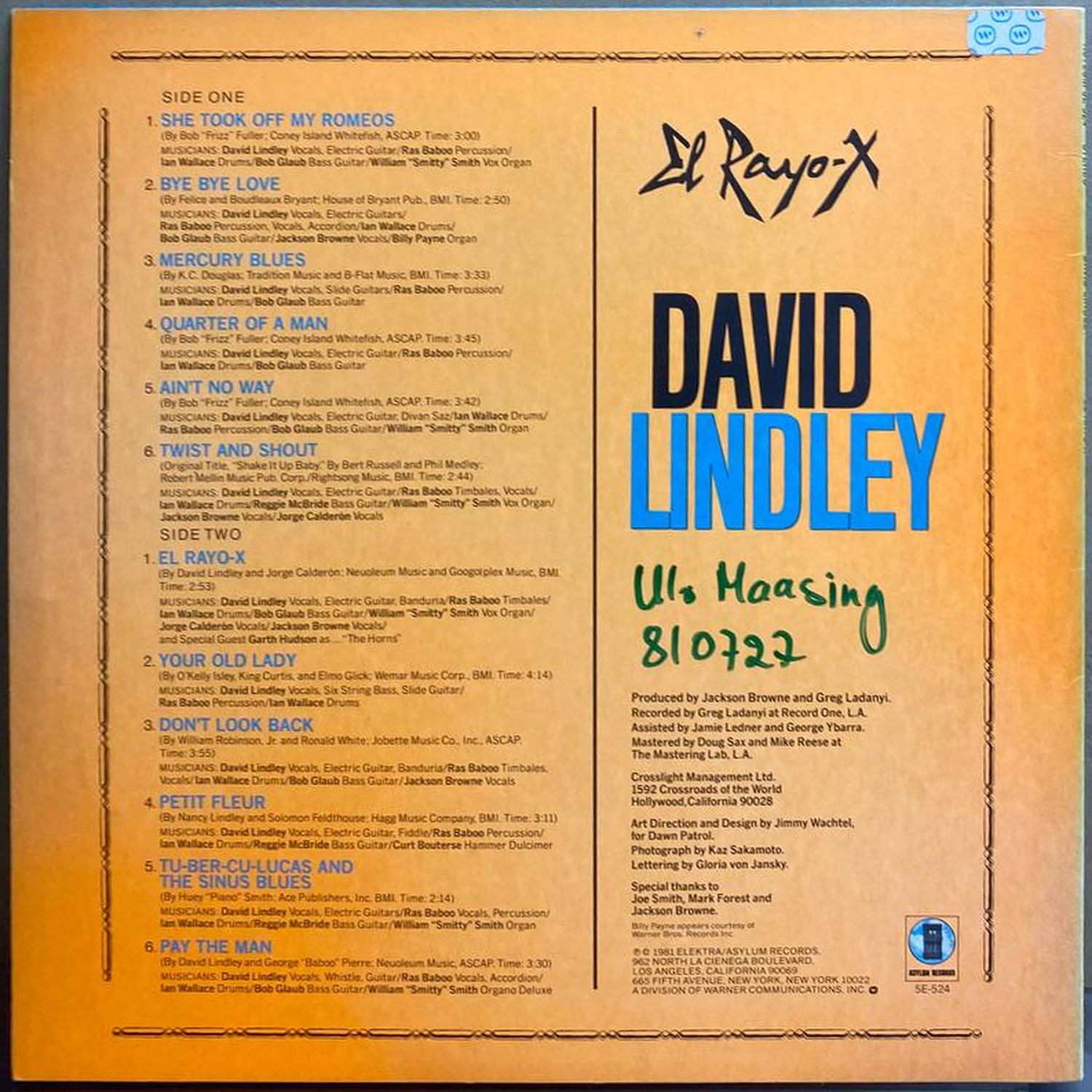 David Lindley — El Rayo-X, винил, 1981 — оборот конверта