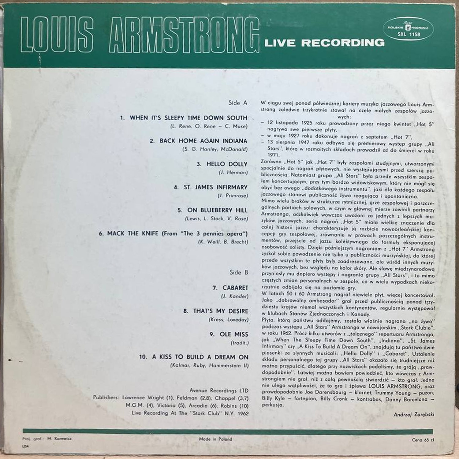 Louis Armstrong — Live Recording, винил — оборот конверта