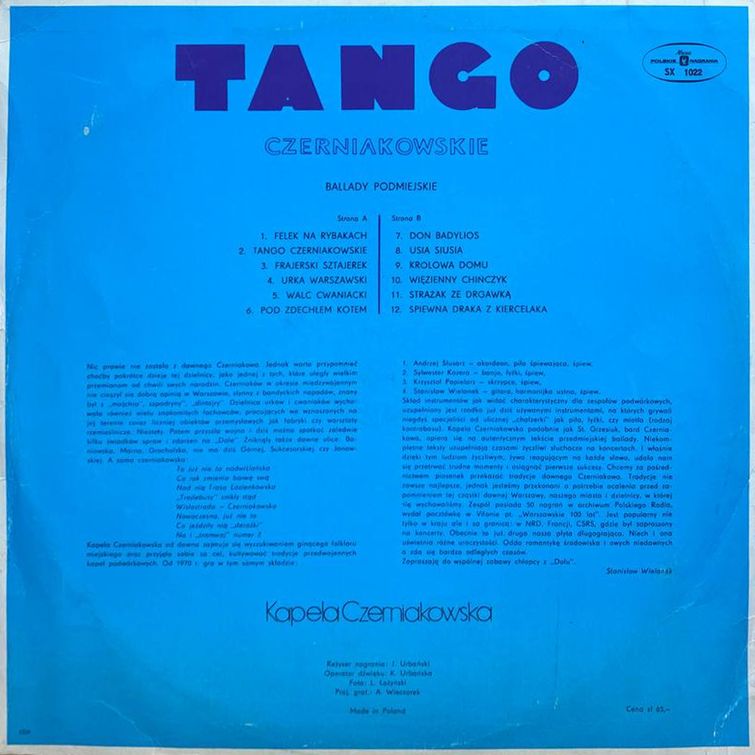 Kapela Czerniakowska — Tango Czerniakowskie, винил — оборот конверта