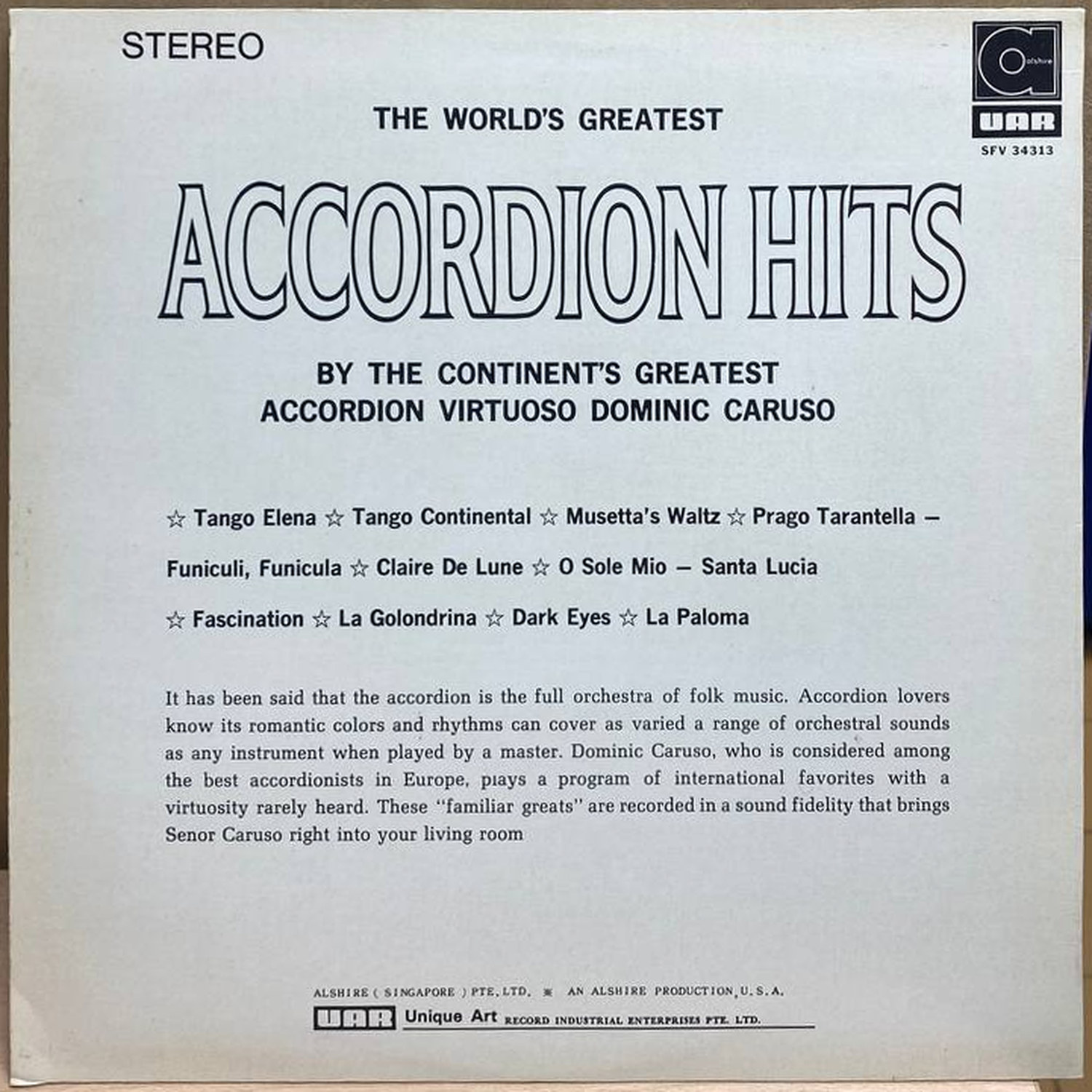 Dominic Caruso — World's Greatest Accordion Hits, винил — оборот конверта