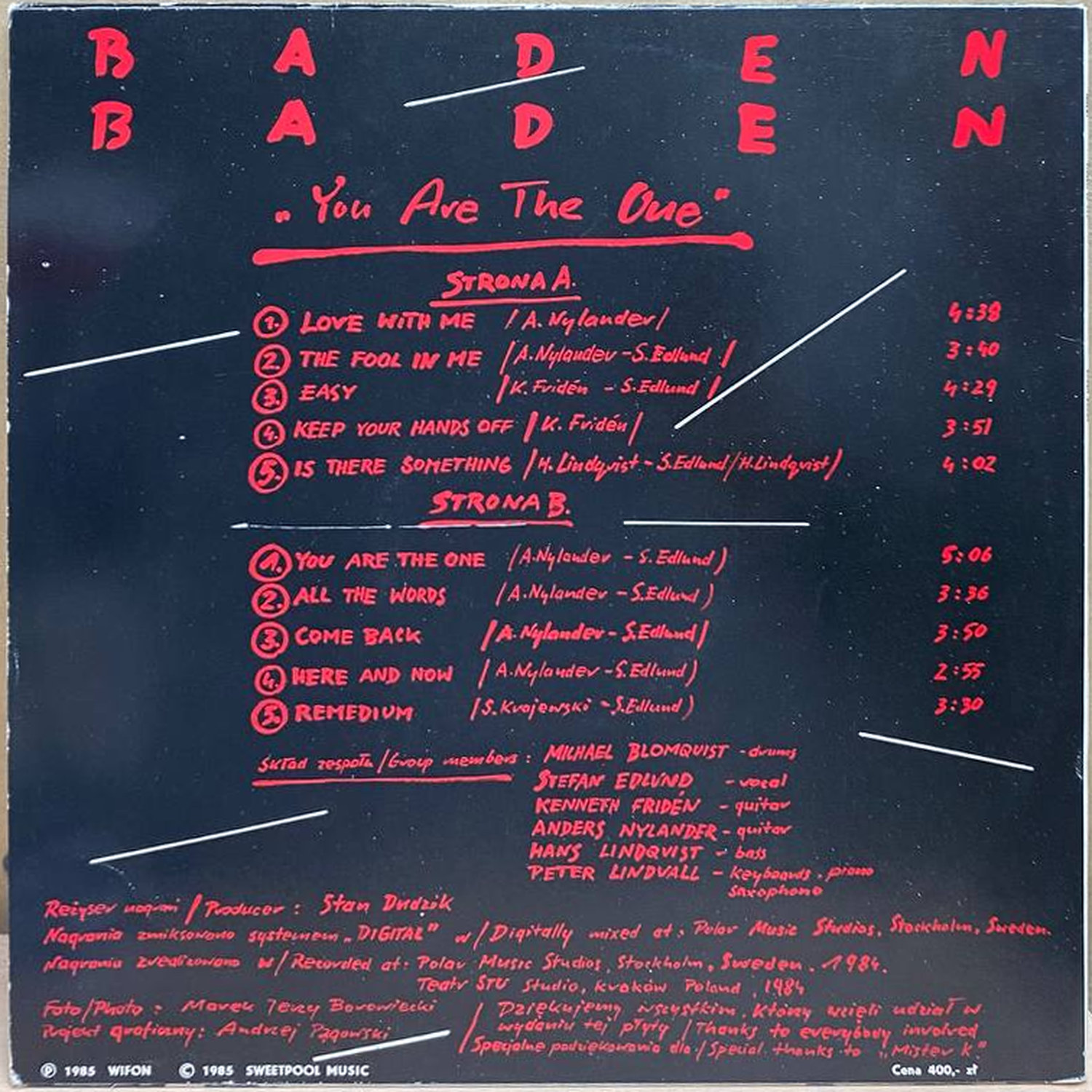 Baden Baden — You Are The One, винил, 1985 — оборот конверта