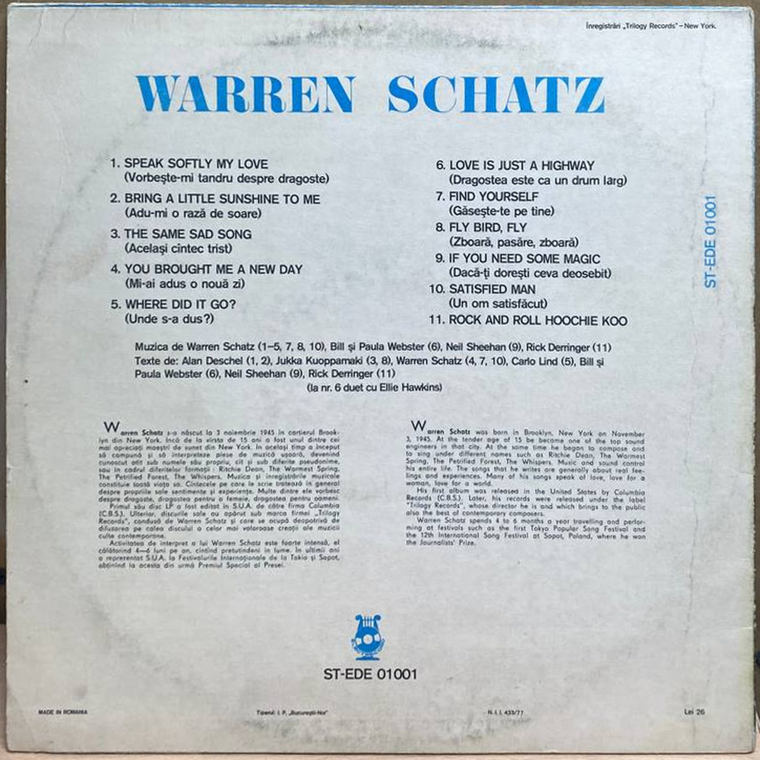 Warren Schatz — Warren Schatz, винил — оборот конверта