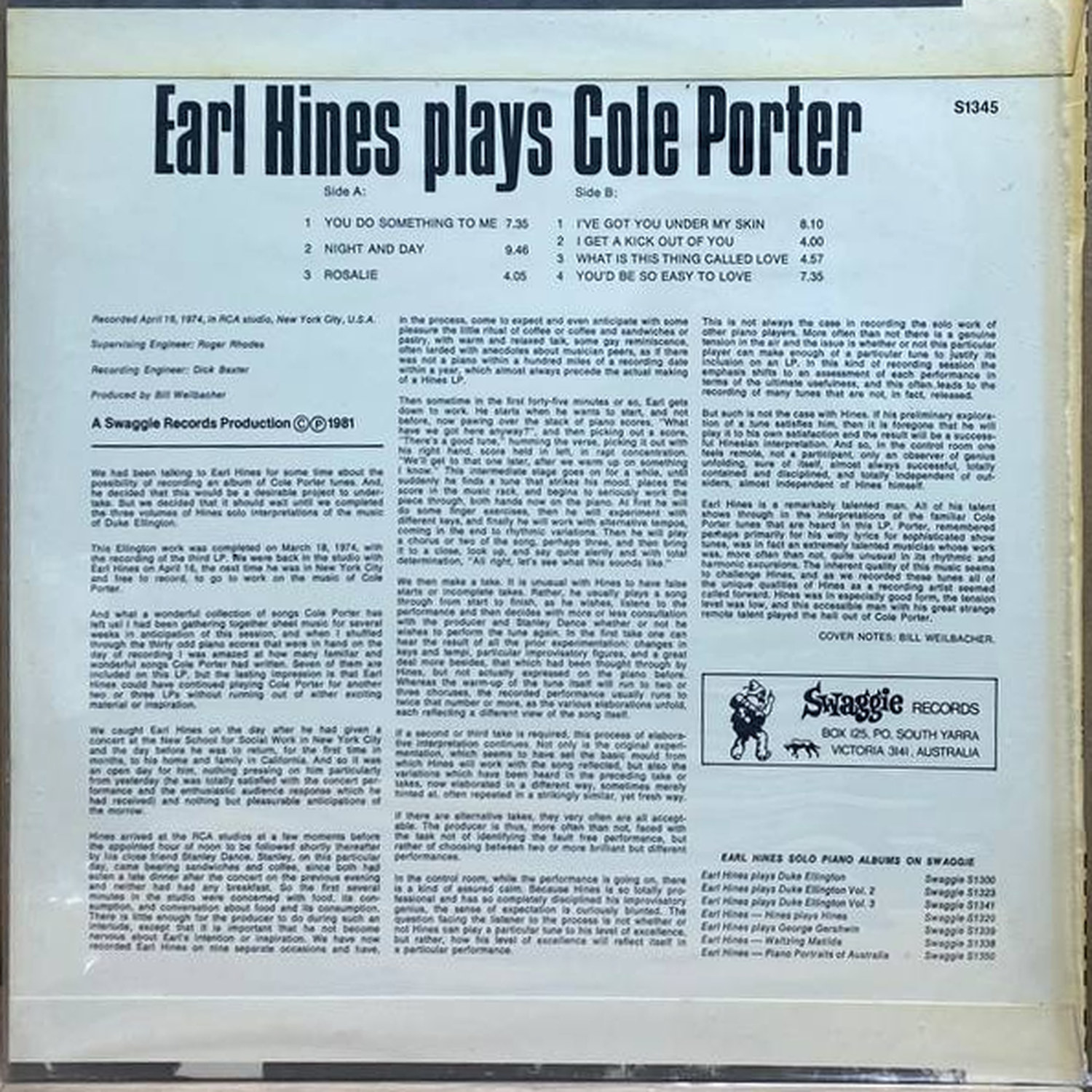 Earl Hines — Earl Hines plays Cole Porter, винил, 1981 — оборот конверта