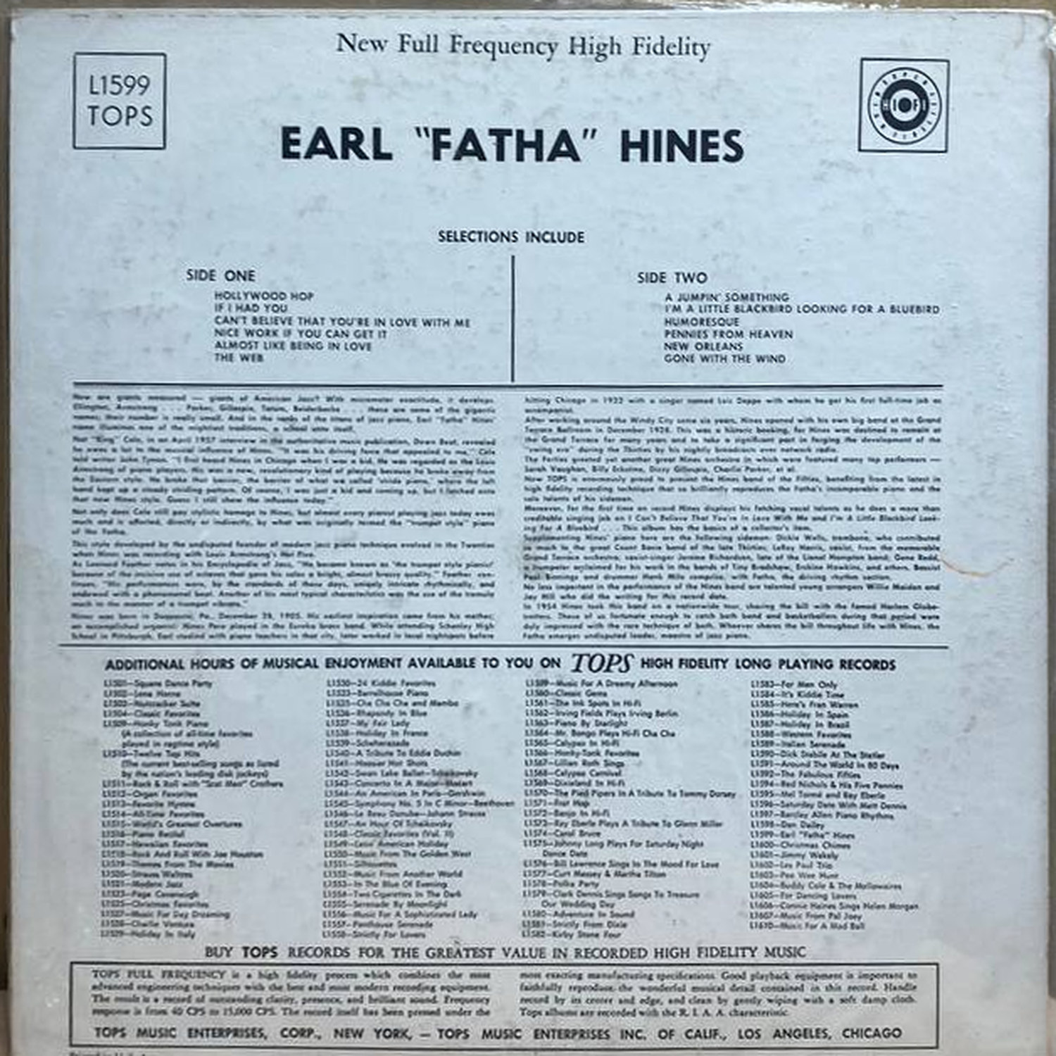 Earl "Fatha" Hines — The Incomparable Earl "Fatha" Hines, винил, 1957 — оборот конверта