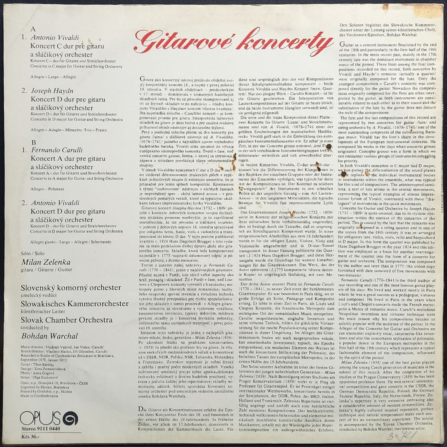 Milan Zelenka — Gitarové koncerty, винил — оборот конверта