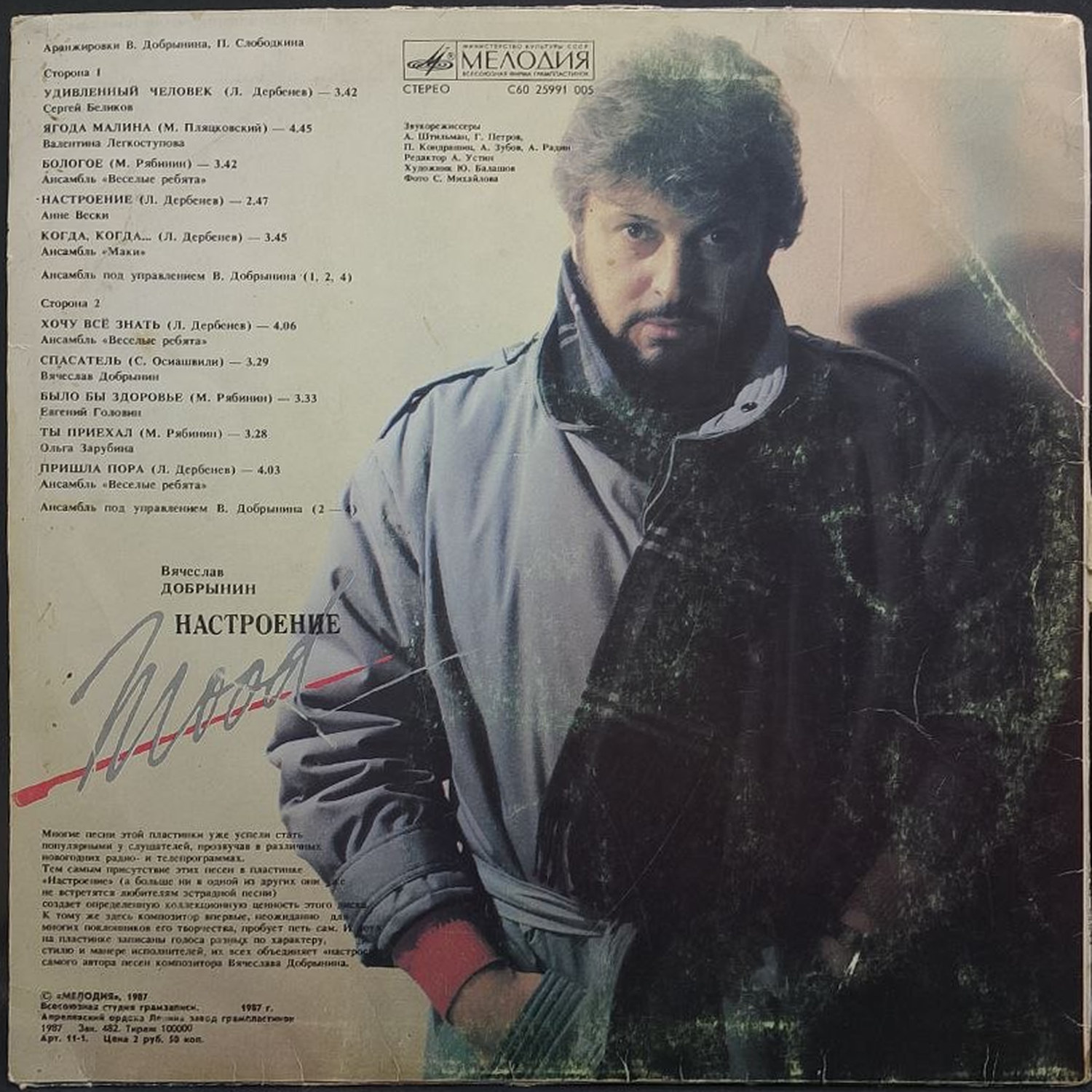 Вячеслав Добрынин — Настроение, винил, 1987 — оборот конверта