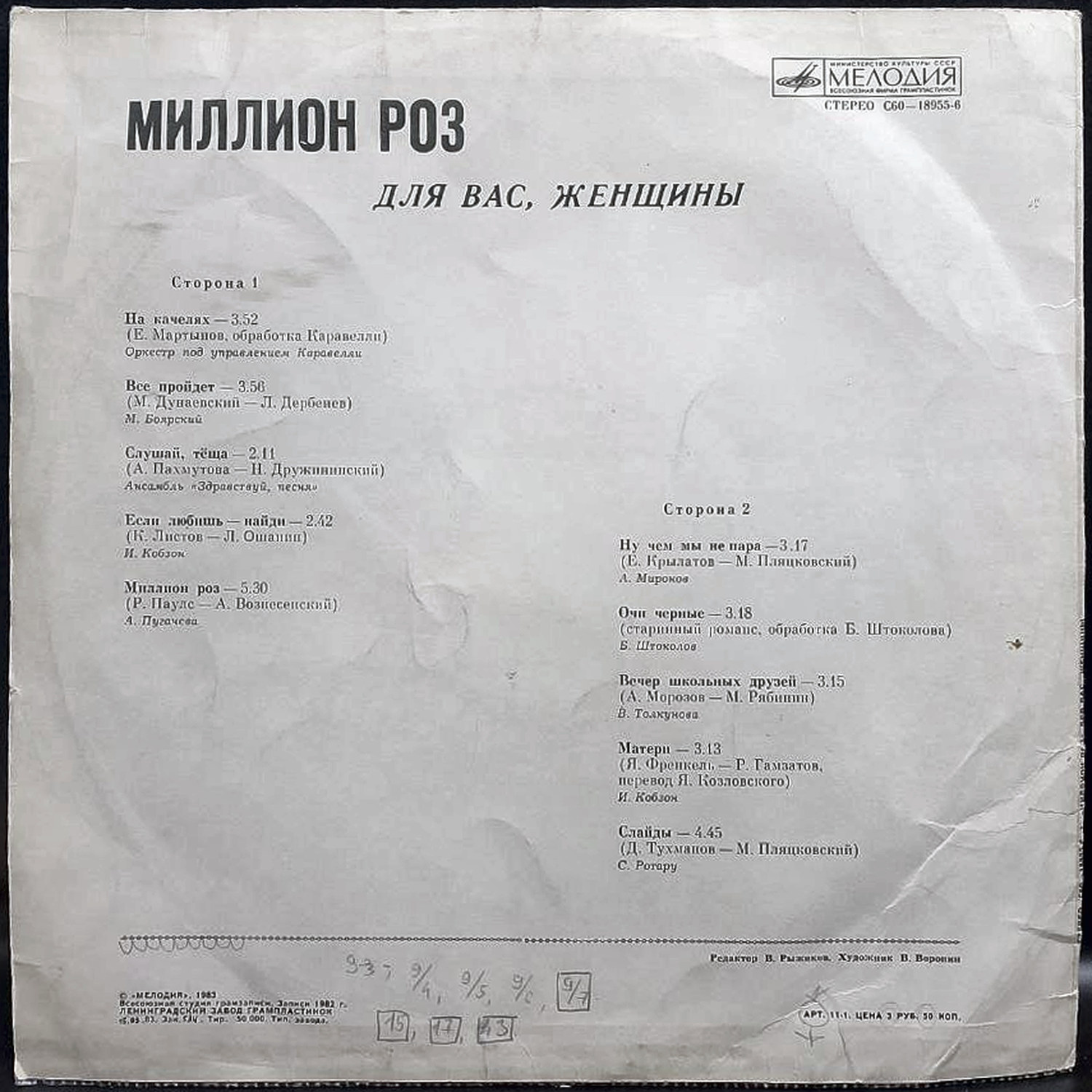 Сборник — Миллион роз. Для вас, женщины, винил, 1983 — оборот конверта