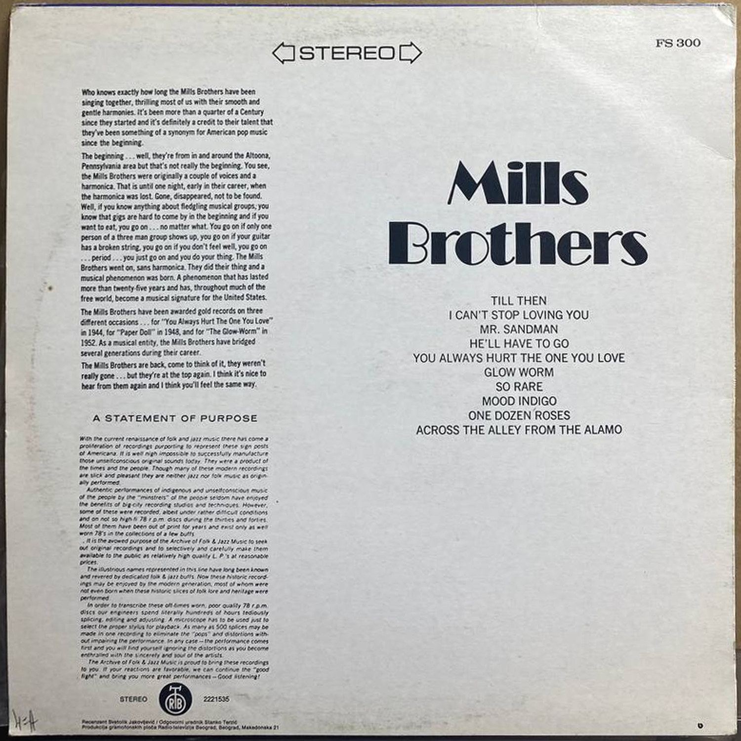 Mills Brothers — «Mills Brothers» — виниловая пластинка LP — Югославия «Everest Records» — оборот