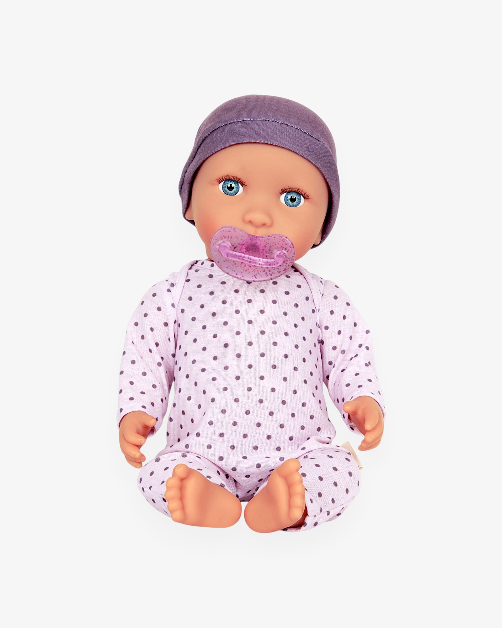 LULLABABY — Кукла-пупс в сиреневой пижаме в горошек и шапочке