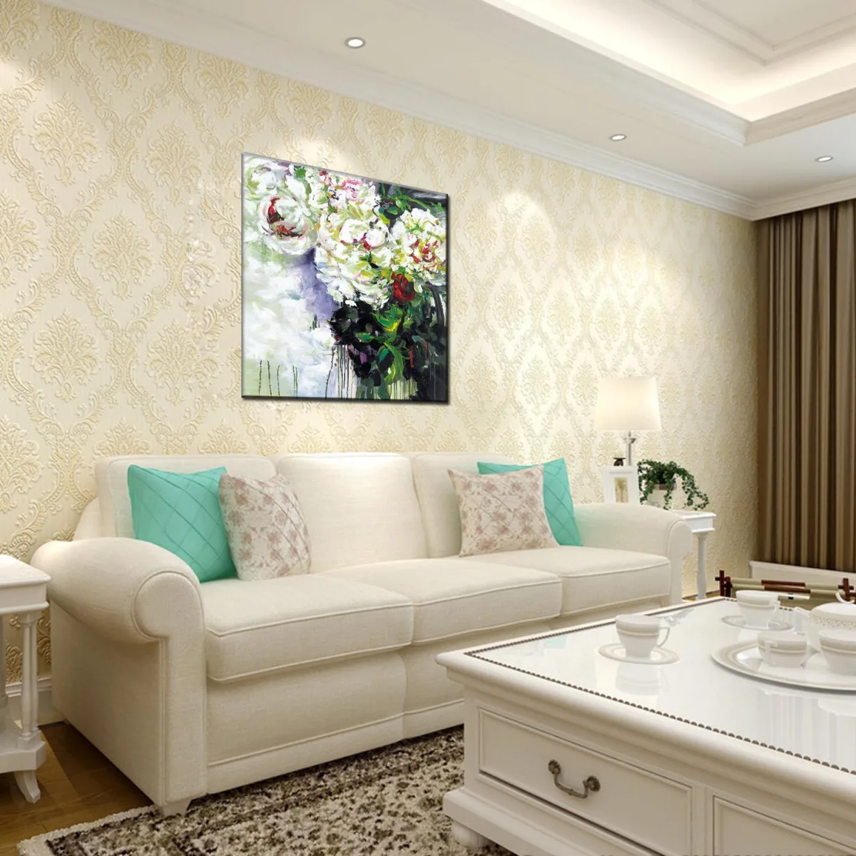Картина маслом абстрактная, белые цветы, 50×50–80×80 см