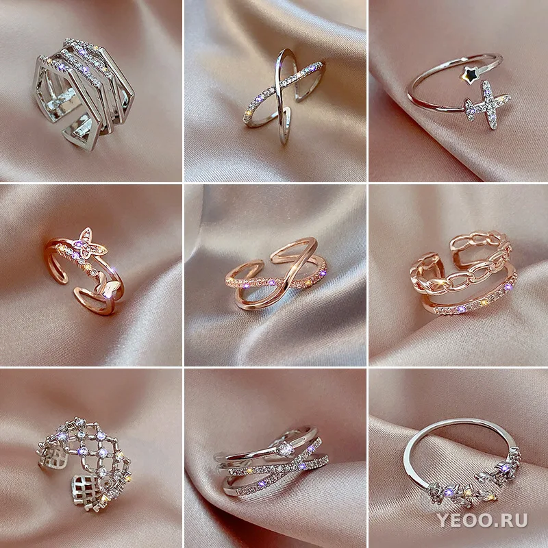 Кольцо женское с золочением 18K и фианитами 5A, разомкнутое, с регулируемым размером