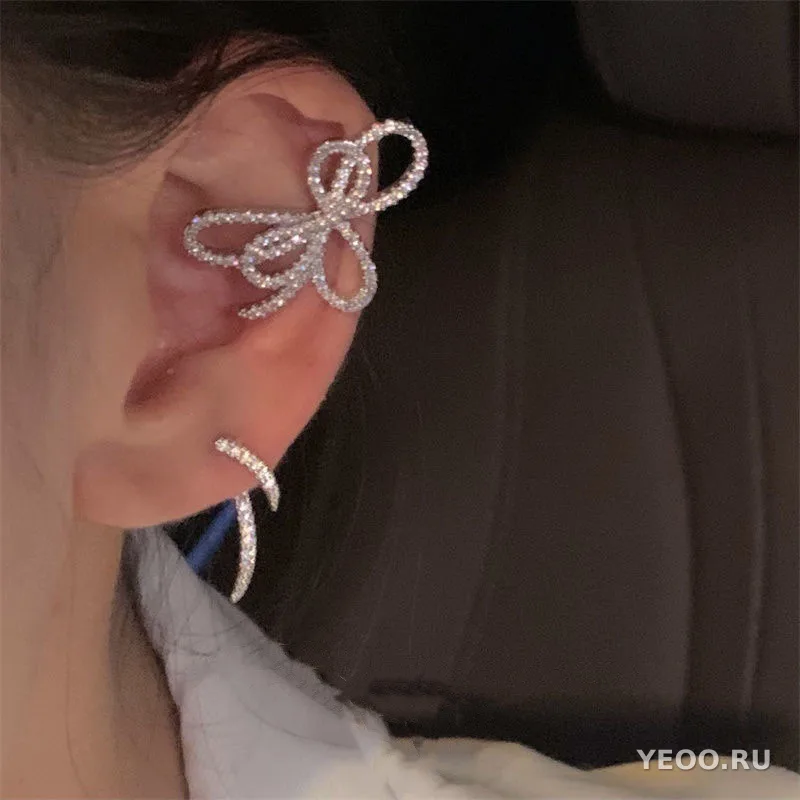 Сережки-клипсы с бабочками и стразами, без прокола, для ушной раковины