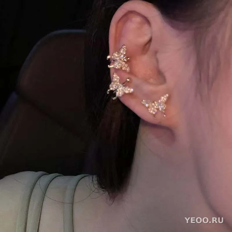 Сережки-клипсы с бабочками и стразами, без прокола, для ушной раковины