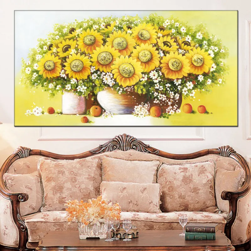 Картина маслом с подсолнухами, 60x120 см, настенное панно для гостиной
