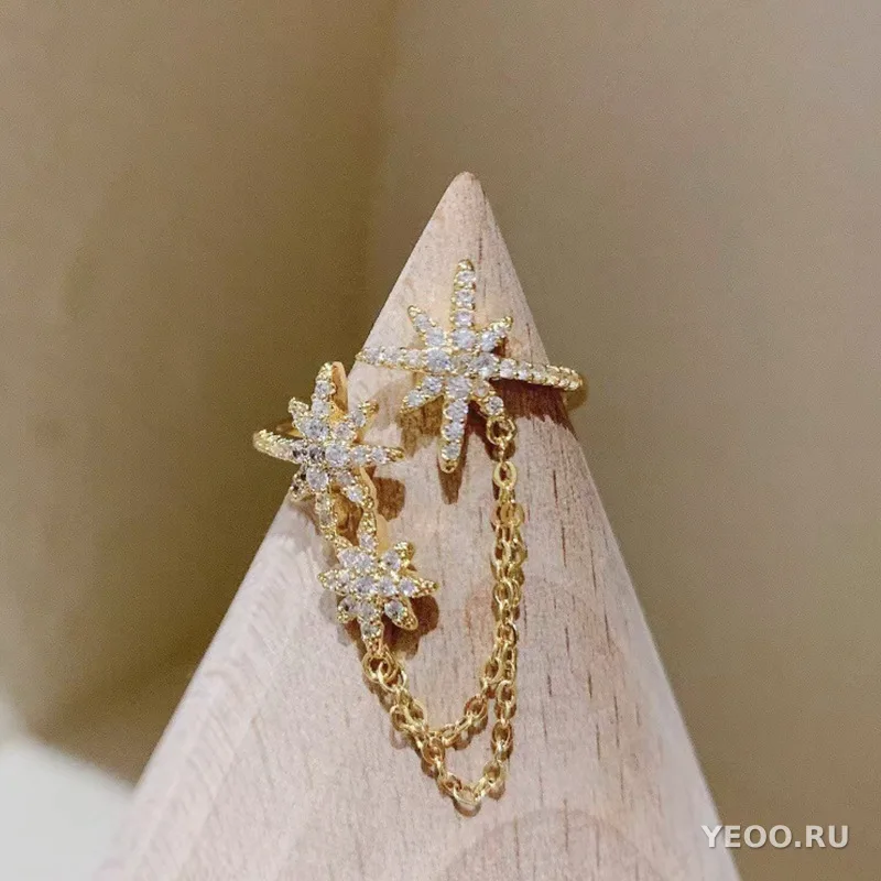 Кольцо корейское с восьмиконечной звездой, цепочкой и кисточкой, разомкнутое, регулируемое