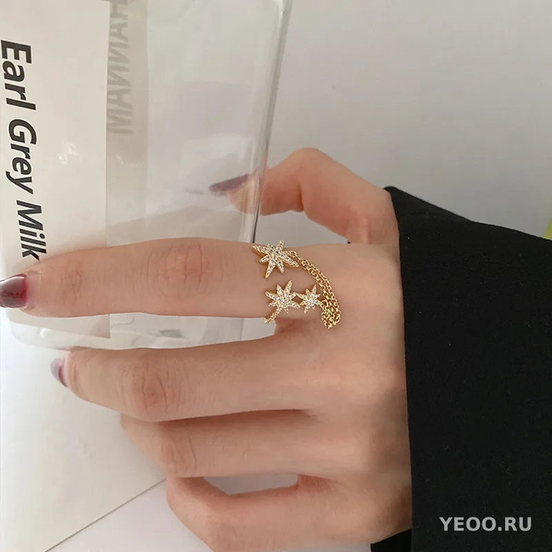 Кольцо корейское с восьмиконечной звездой, цепочкой и кисточкой, разомкнутое, регулируемое