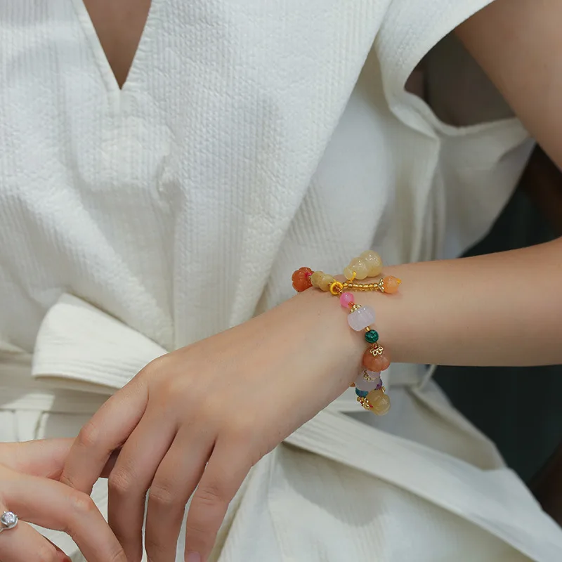 Браслет из натурального золотого нефрита в этническом стиле, с подвеской тыквы и тыквенной лозы