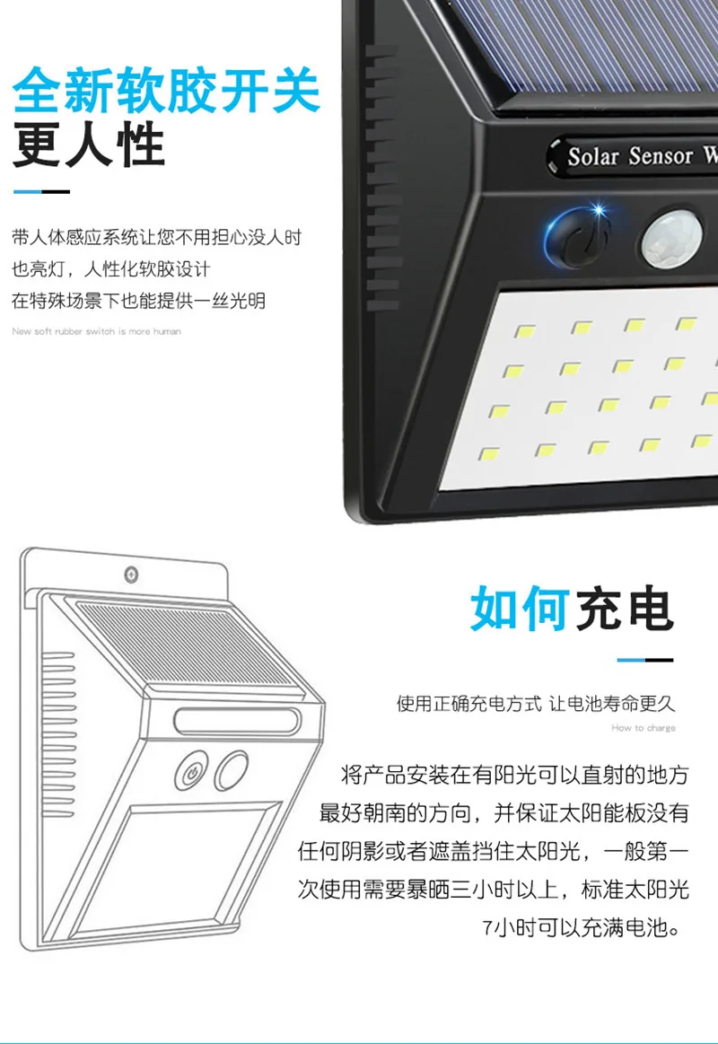 Солнечный настенный светильник с датчиком движения, 20 LED, уличный