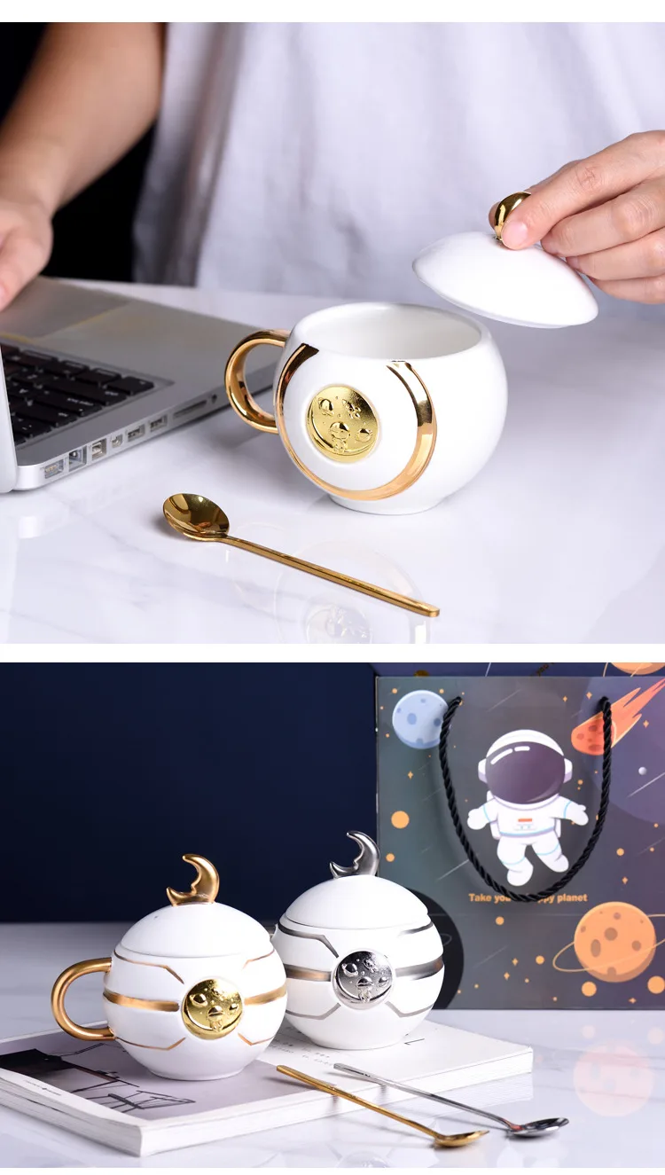 Керамическая кружка «Космонавт» с крышкой и ложкой, для кофе и молока