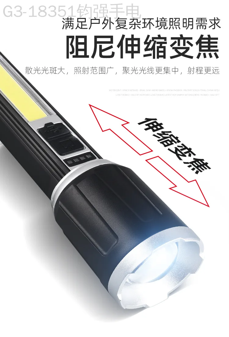 Светодиодный фонарик COB с боковыми светодиодами, USB-зарядка, встроенный литиевый аккумулятор